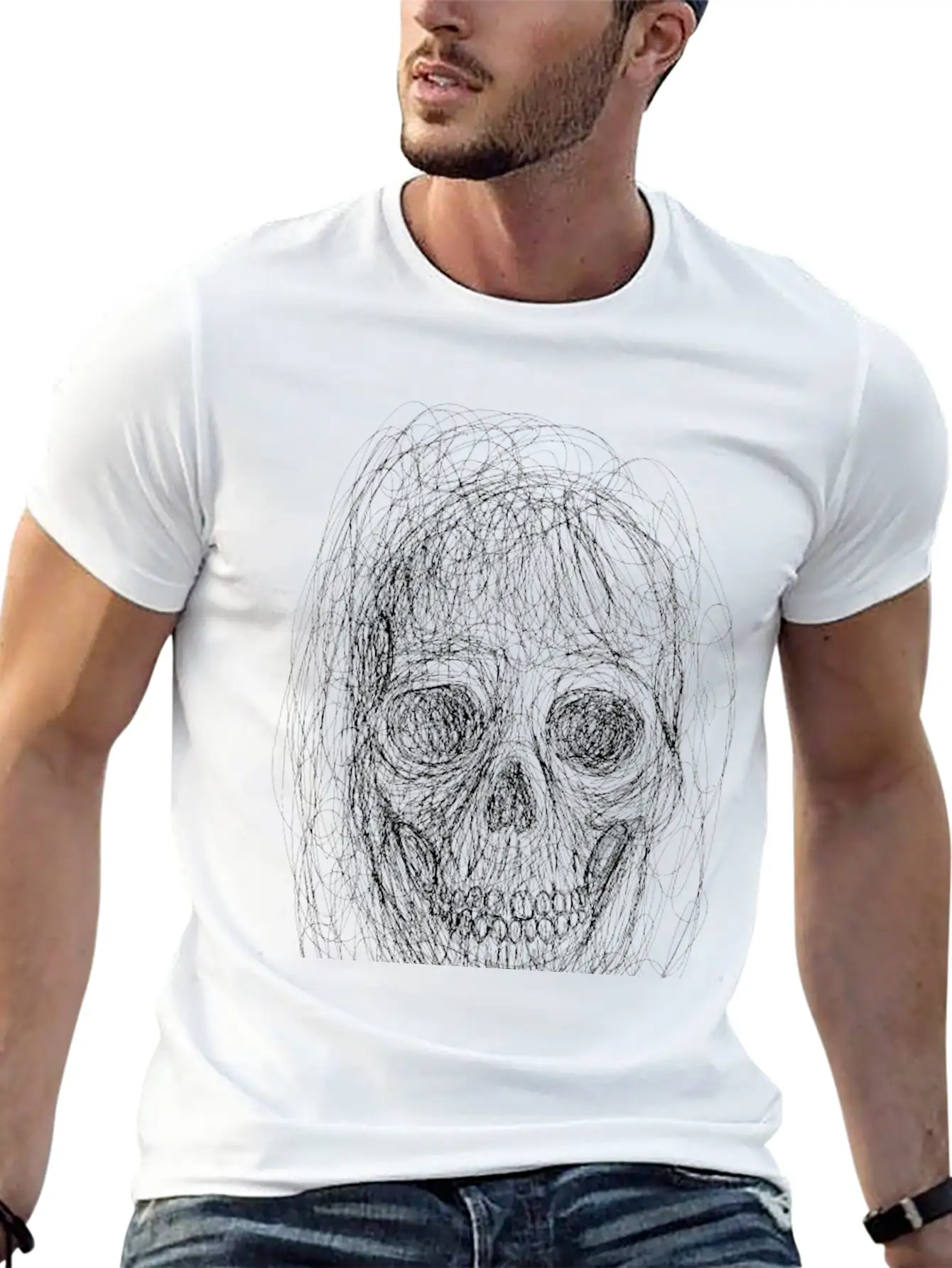 Skull Line Art_ Painted Skull Face Unisex Short Sleeve Soft Cotton T-Shirt – Casual Everyday Wear