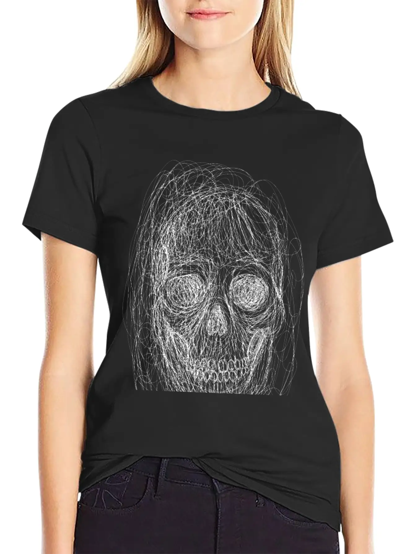 Skull Line Art_ Painted Skull Face Unisex Short Sleeve Soft Cotton T-Shirt – Casual Everyday Wear
