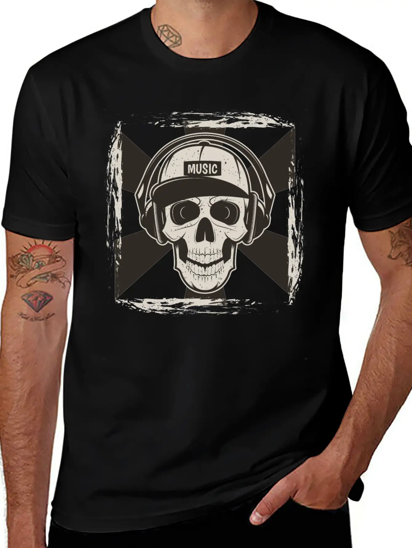Skull Music I Like Music Happy Song Design Drawing Stylish Everyday T-Shirt – Unisex Basic Cotton Tee