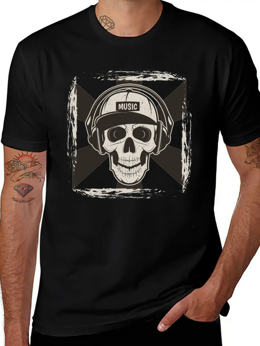Skull Music I Like Music Happy Song Design Drawing Stylish Everyday T-Shirt – Unisex Basic Cotton Tee