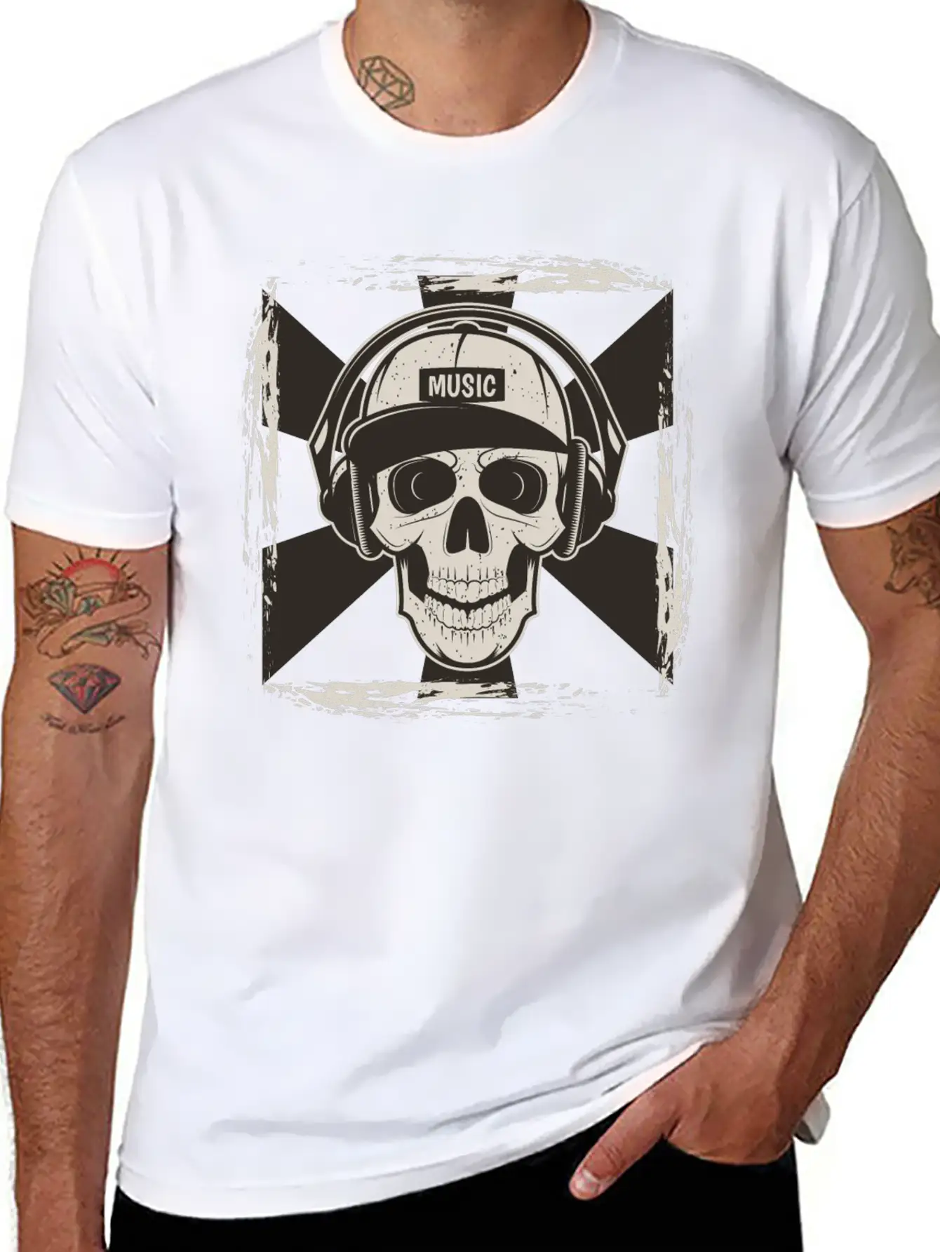 Skull Music I Like Music Happy Song Design Drawing Stylish Everyday T-Shirt – Unisex Basic Cotton Tee