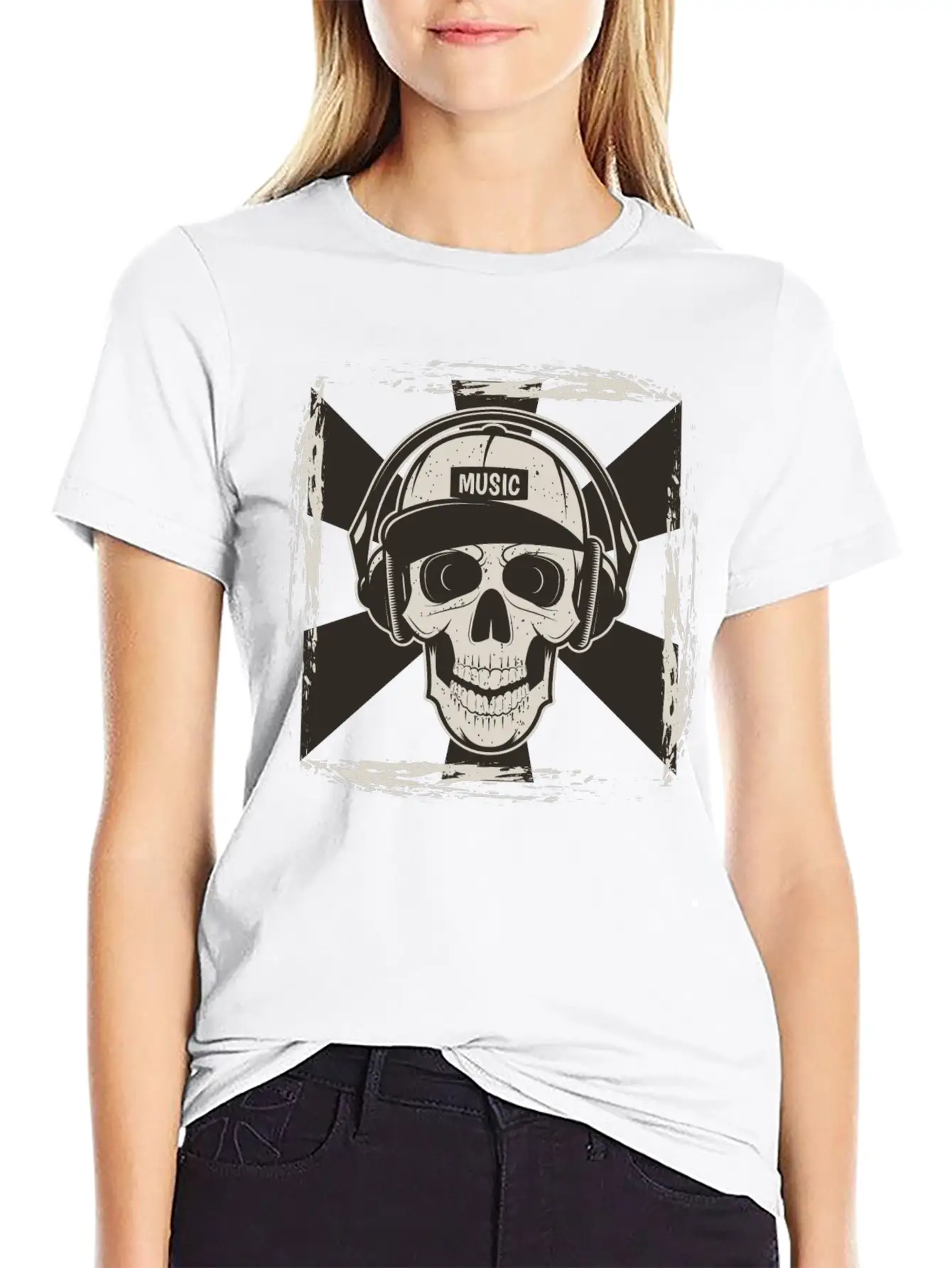 Skull Music I Like Music Happy Song Design Drawing Stylish Everyday T-Shirt – Unisex Basic Cotton Tee