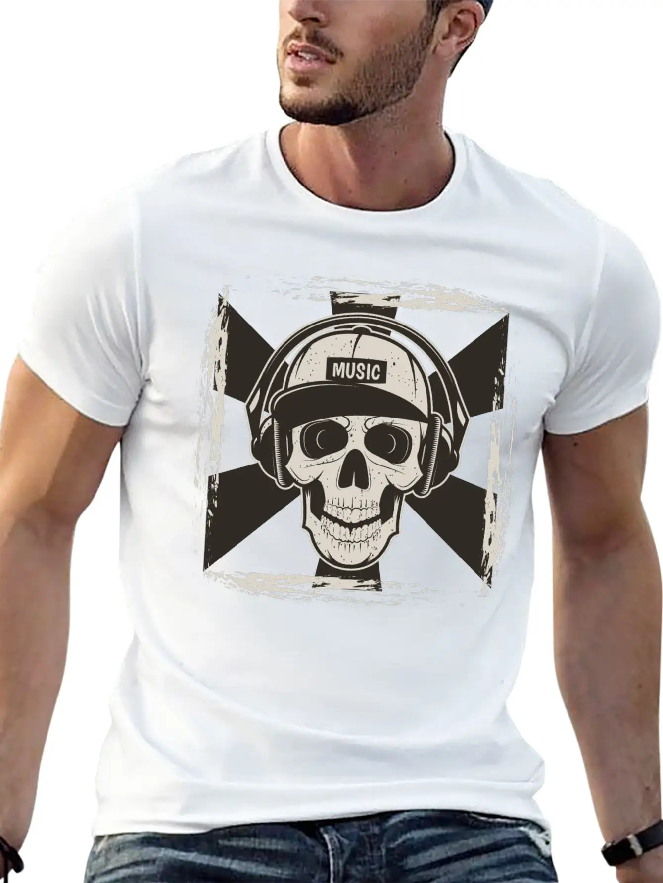 Skull Music I Like Music Happy Song Design Drawing Stylish Everyday T-Shirt – Unisex Basic Cotton Tee