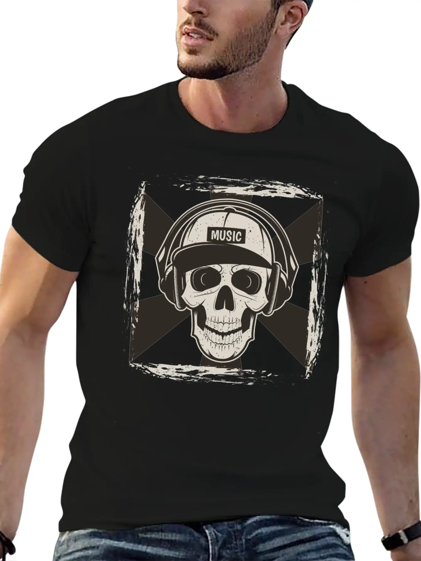 Skull Music I Like Music Happy Song Design Drawing Stylish Everyday T-Shirt – Unisex Basic Cotton Tee
