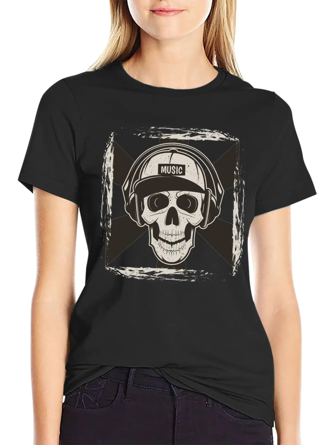 Skull Music I Like Music Happy Song Design Drawing Stylish Everyday T-Shirt – Unisex Basic Cotton Tee