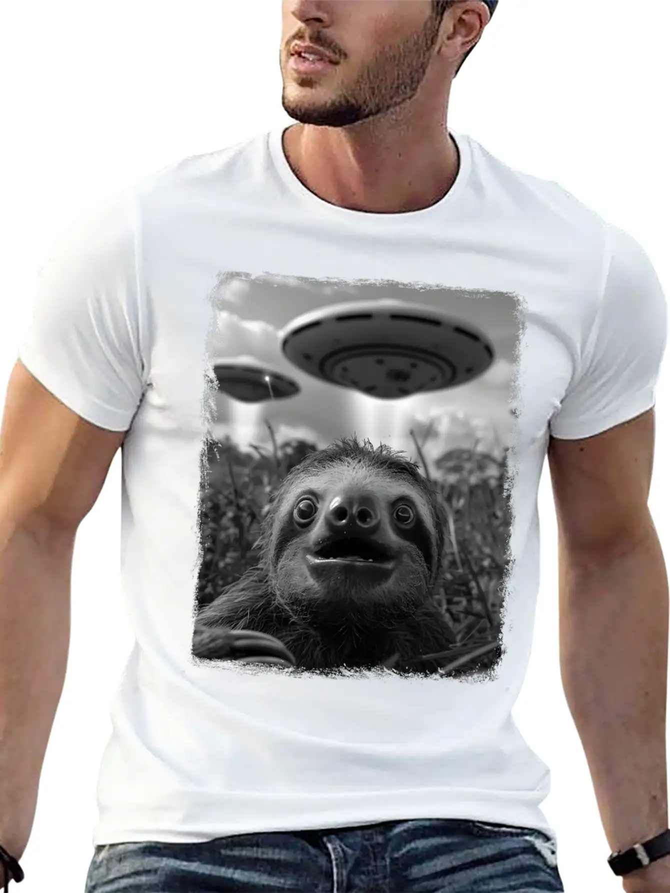 Sloth Lazy UFO Alien Extraterrestrial Selfie Stylish Everyday T-Shirt – Unisex Basic Cotton Tee