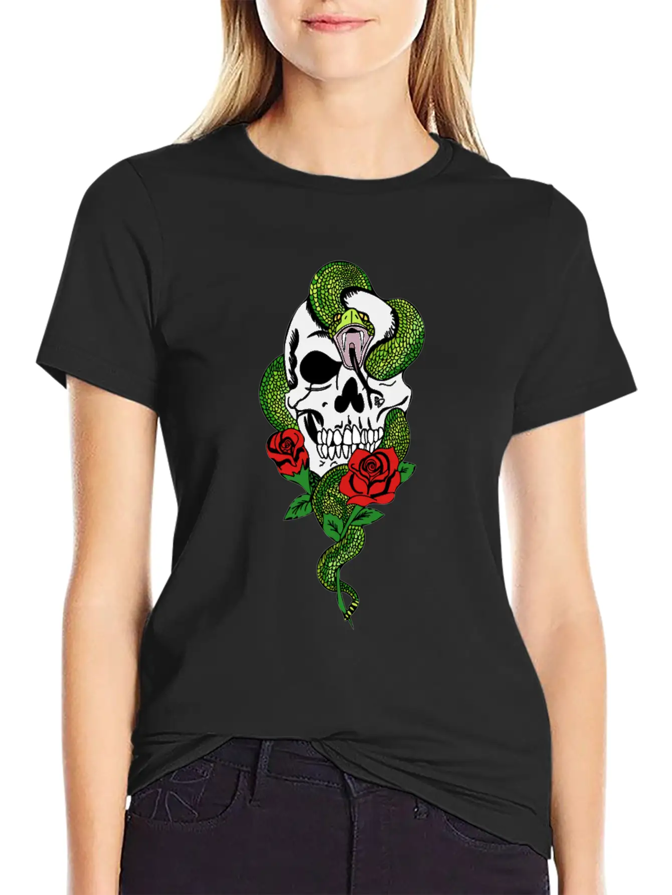Snake Skull Roses Stylish Everyday T-Shirt – Unisex Basic Cotton Tee