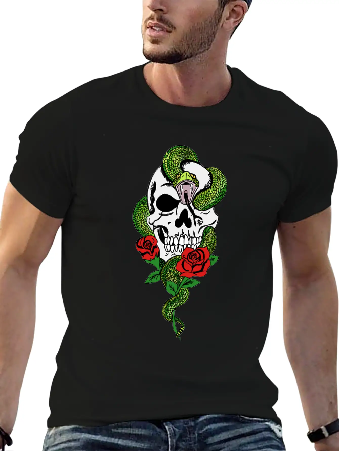 Snake Skull Roses Stylish Everyday T-Shirt – Unisex Basic Cotton Tee
