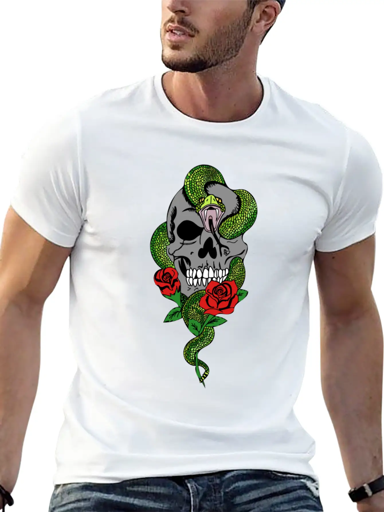 Snake Skull Roses Stylish Everyday T-Shirt – Unisex Basic Cotton Tee