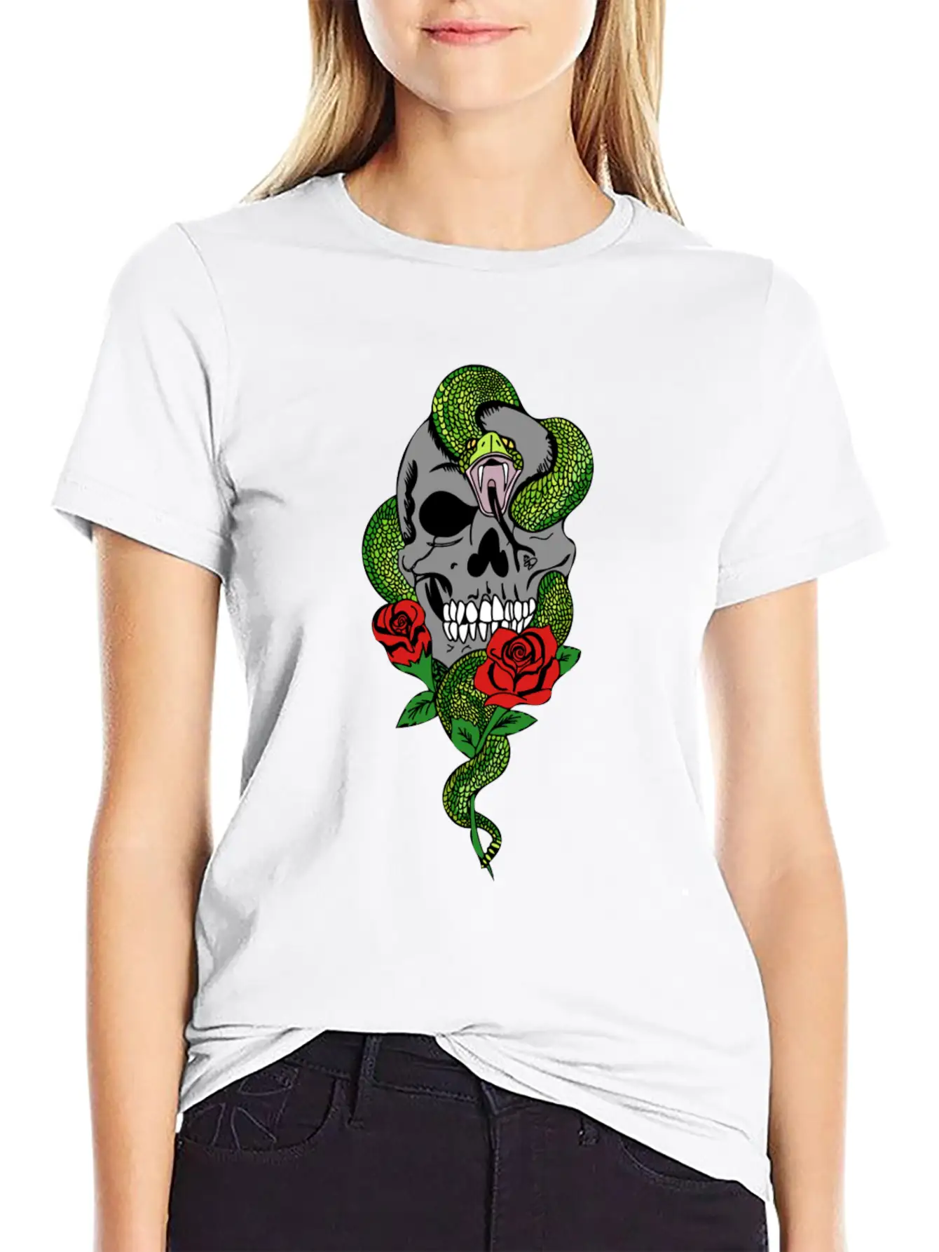 Snake Skull Roses Stylish Everyday T-Shirt – Unisex Basic Cotton Tee