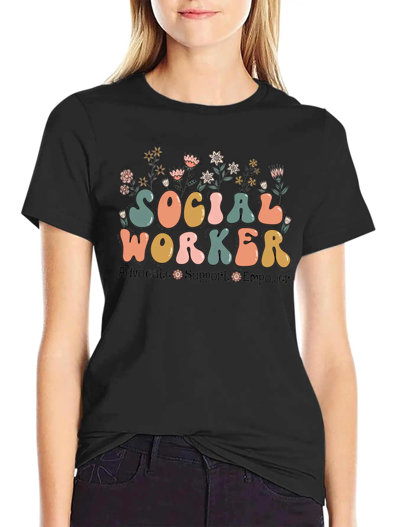 Social Worker Floral Retro Basic Graphic T-Shirt – Daily Comfort In Soft Cotton