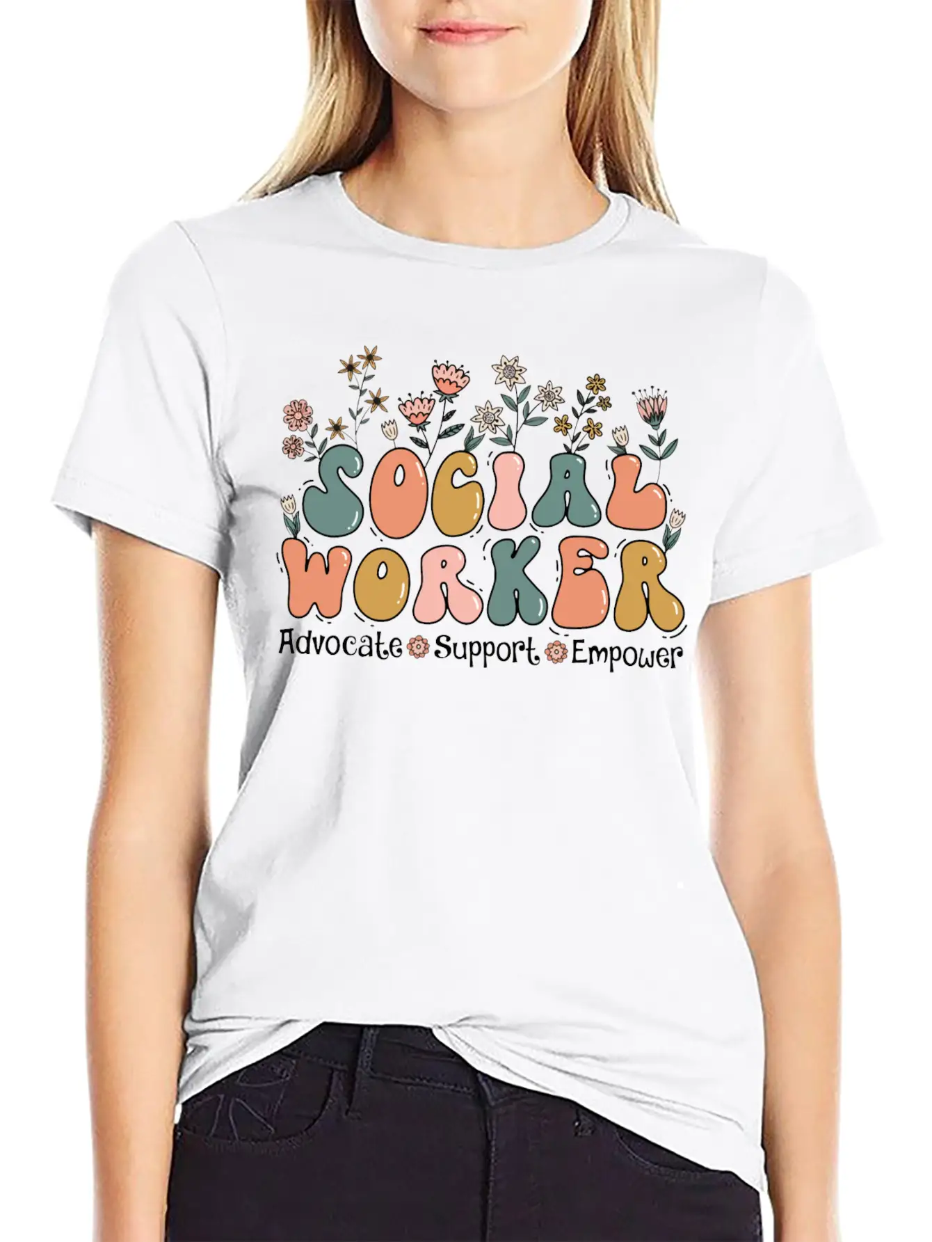 Social Worker Floral Retro Basic Graphic T-Shirt – Daily Comfort In Soft Cotton