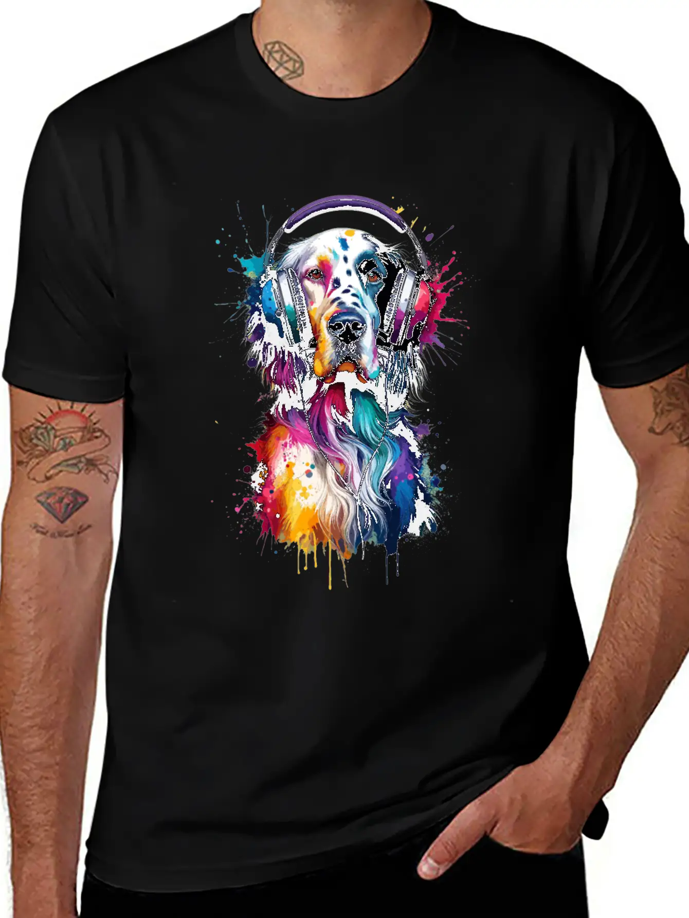 Splash Art Headphones English Setter Laverack Unisex Short Sleeve Soft Cotton T-Shirt – Casual Everyday Wear