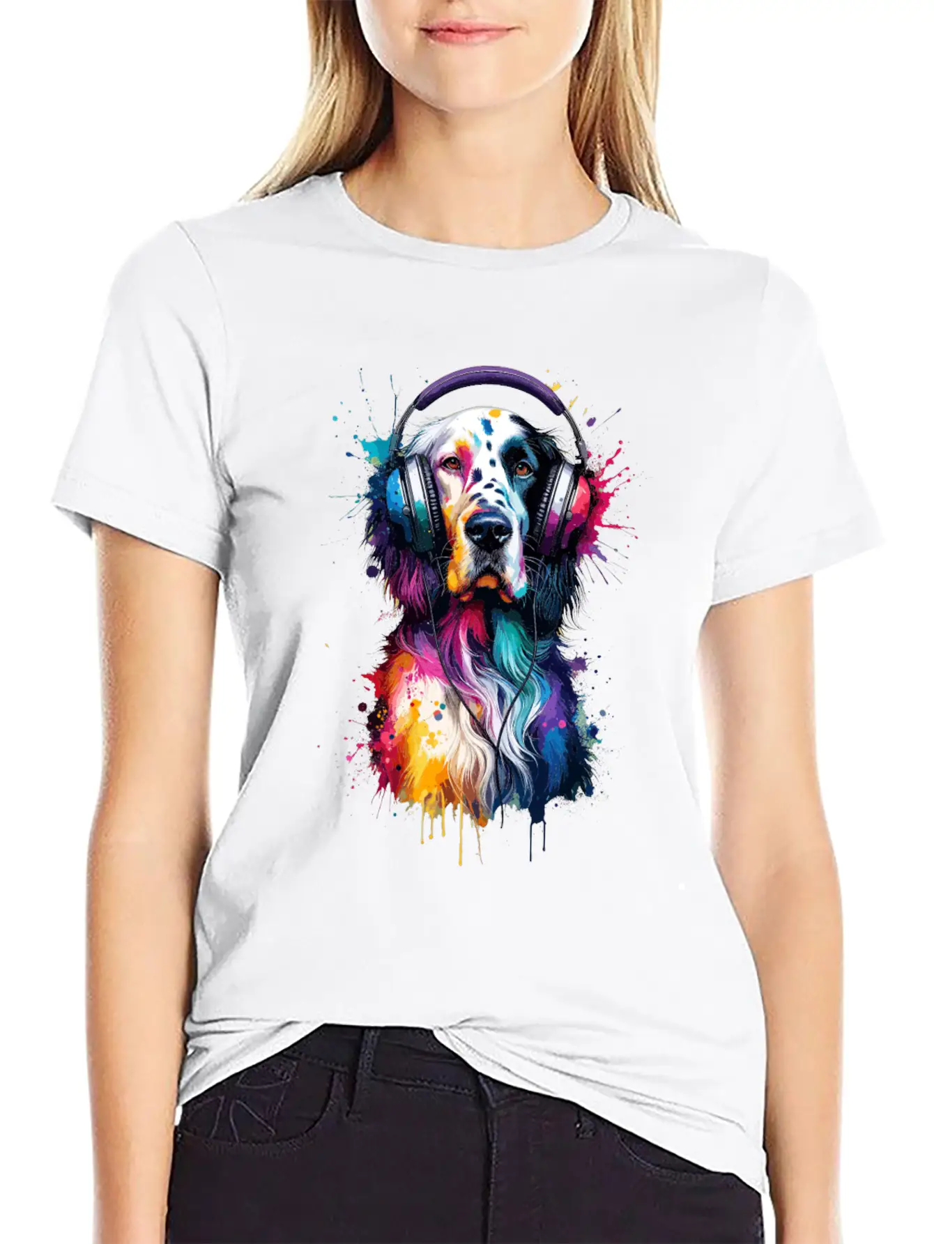 Splash Art Headphones English Setter Laverack Unisex Short Sleeve Soft Cotton T-Shirt – Casual Everyday Wear
