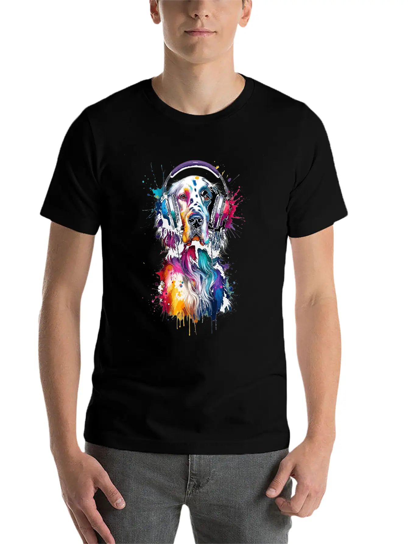 Splash Art Headphones English Setter Laverack Unisex Short Sleeve Soft Cotton T-Shirt – Casual Everyday Wear