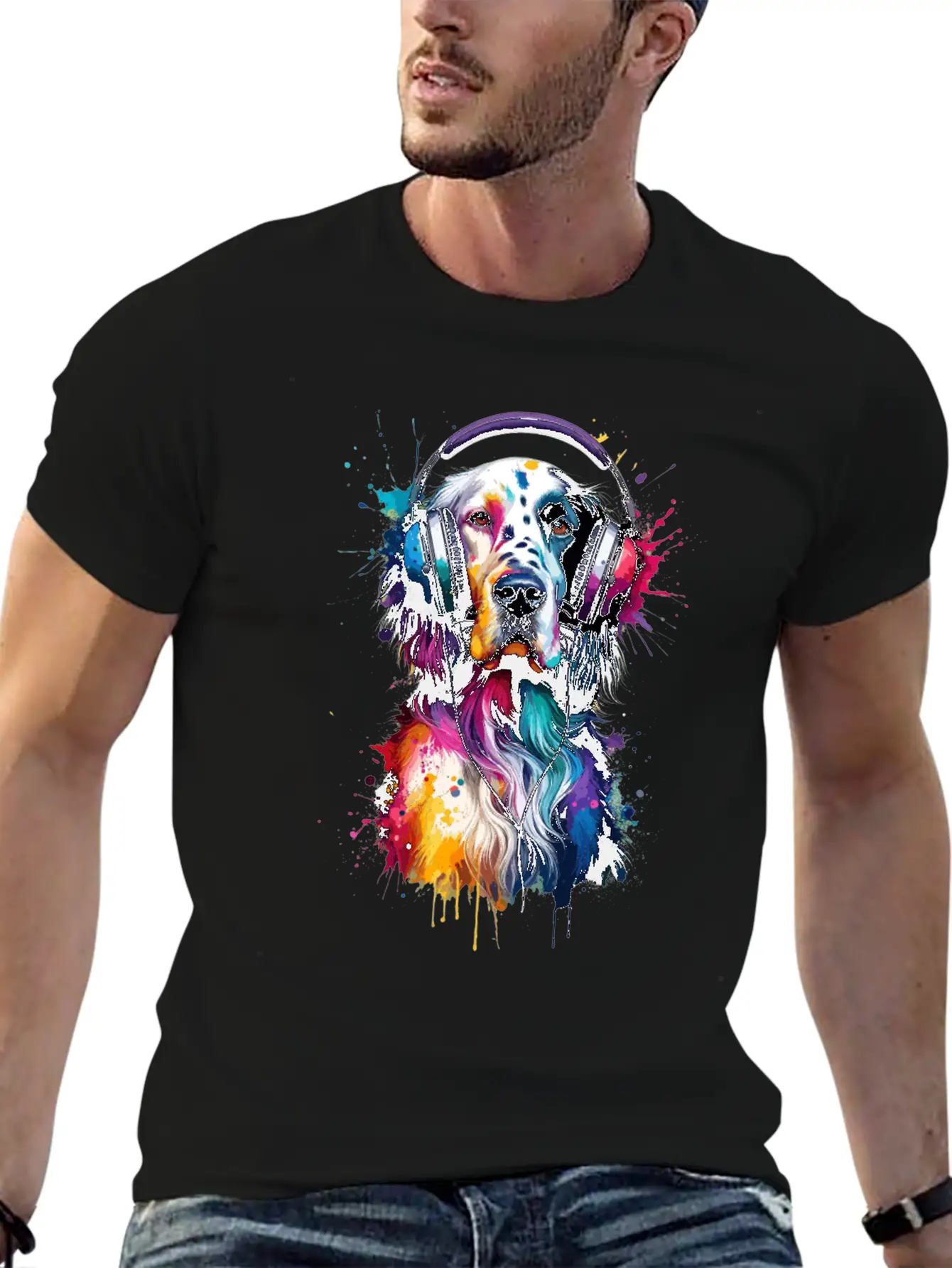 Splash Art Headphones English Setter Laverack Unisex Short Sleeve Soft Cotton T-Shirt – Casual Everyday Wear