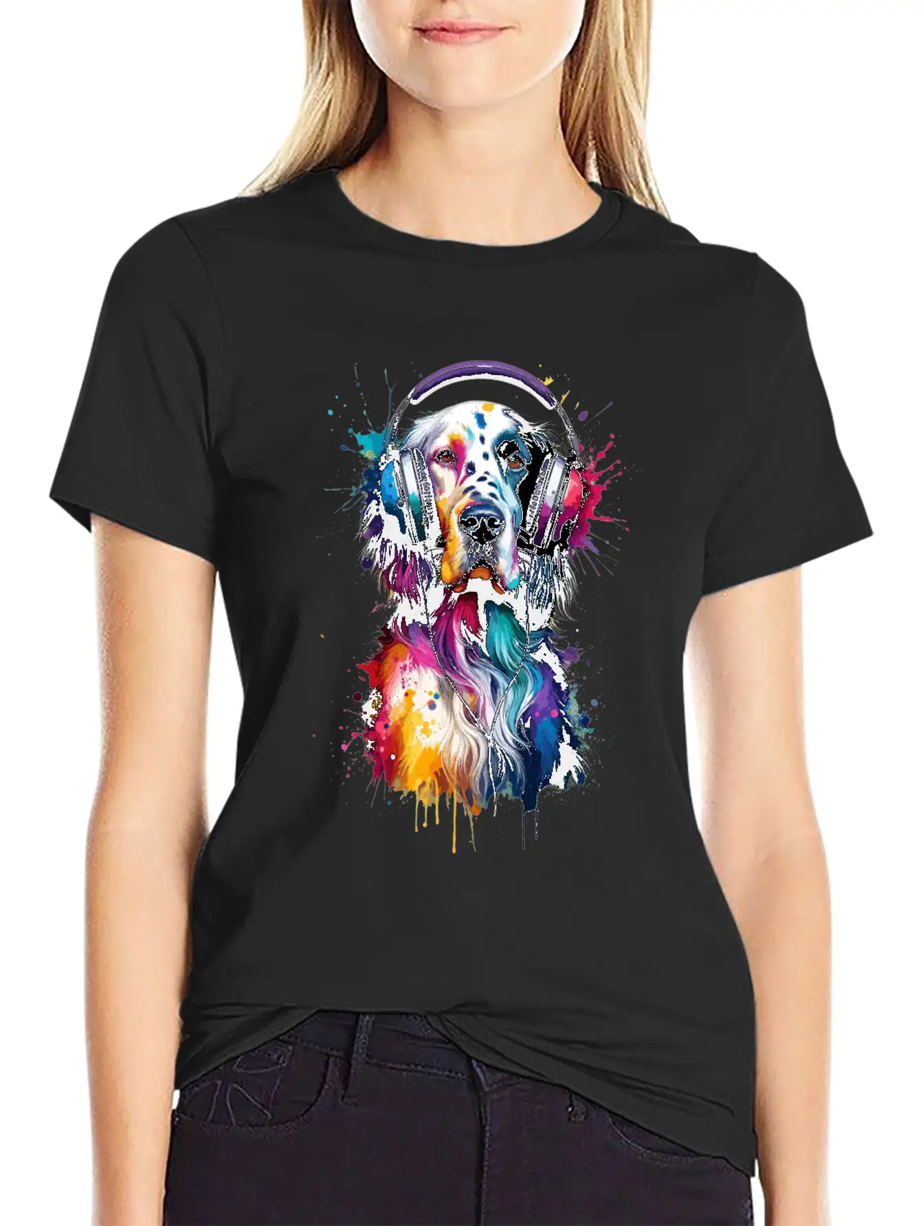 Splash Art Headphones English Setter Laverack Unisex Short Sleeve Soft Cotton T-Shirt – Casual Everyday Wear