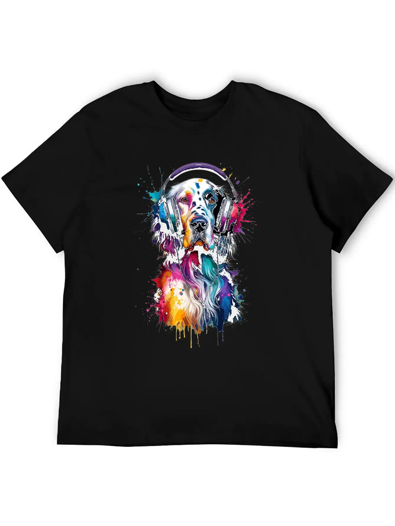 Splash Art Headphones English Setter Laverack Unisex Short Sleeve Soft Cotton T-Shirt – Casual Everyday Wear