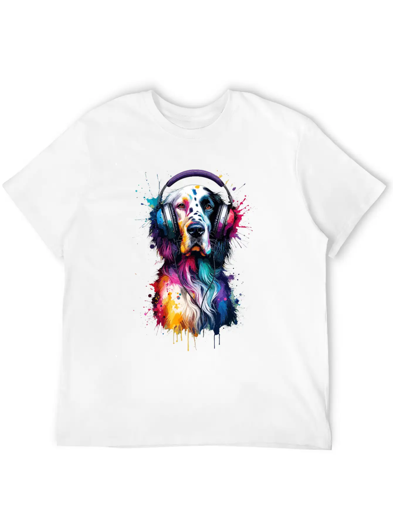 Splash Art Headphones English Setter Laverack Unisex Short Sleeve Soft Cotton T-Shirt – Casual Everyday Wear
