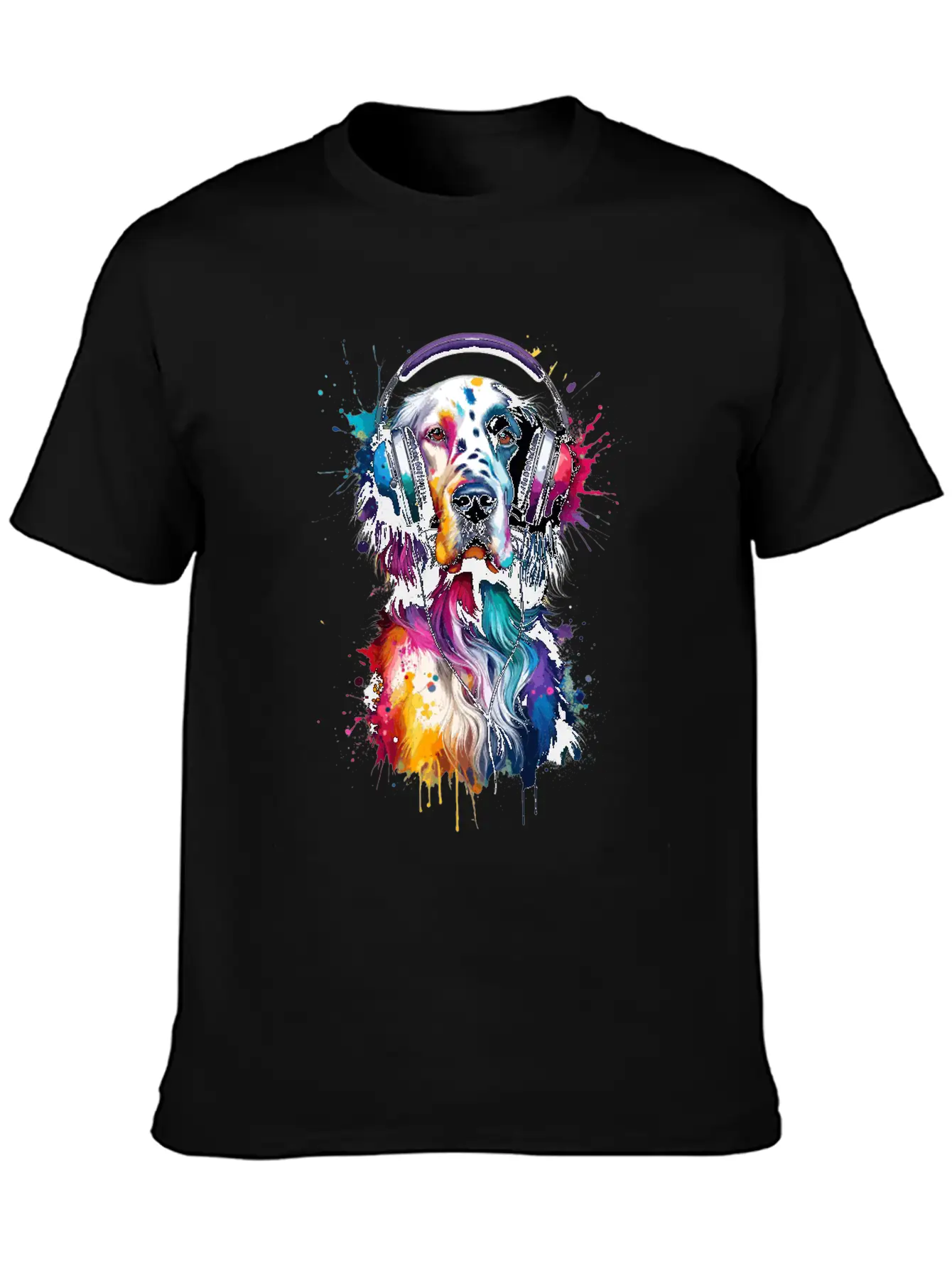 Splash Art Headphones English Setter Laverack Unisex Short Sleeve Soft Cotton T-Shirt – Casual Everyday Wear