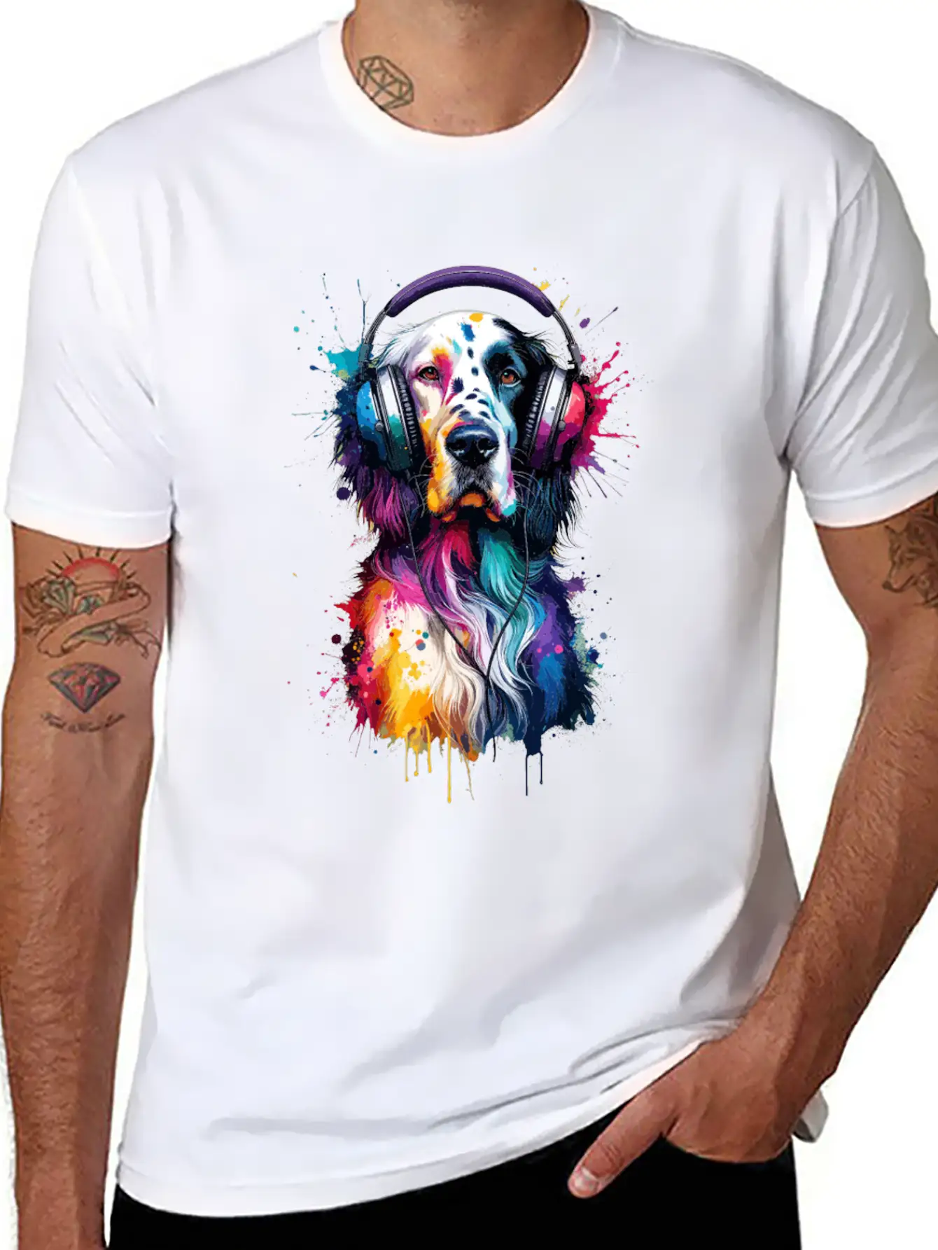 Splash Art Headphones English Setter Laverack Unisex Short Sleeve Soft Cotton T-Shirt – Casual Everyday Wear