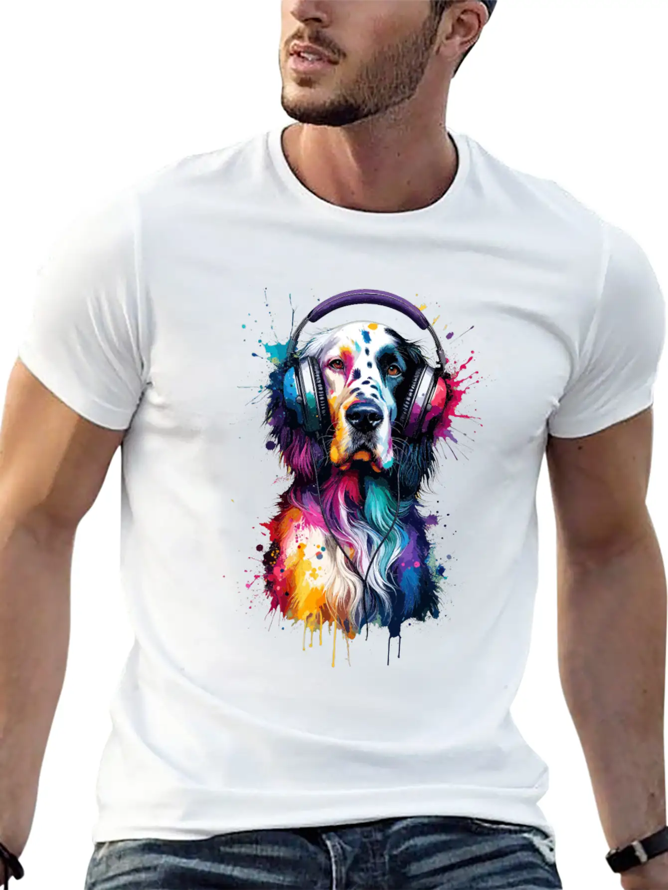 Splash Art Headphones English Setter Laverack Unisex Short Sleeve Soft Cotton T-Shirt – Casual Everyday Wear