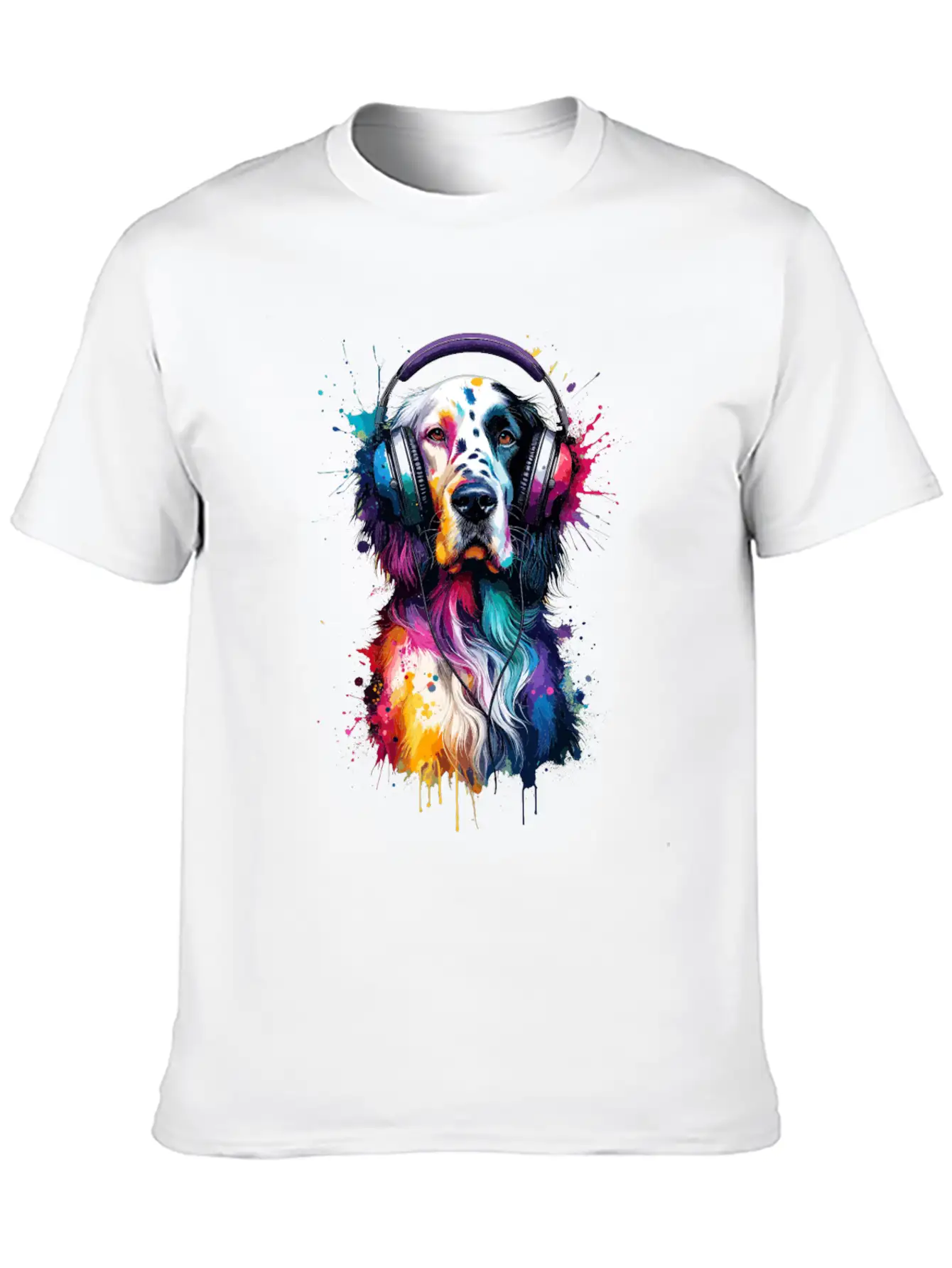 Splash Art Headphones English Setter Laverack Unisex Short Sleeve Soft Cotton T-Shirt – Casual Everyday Wear