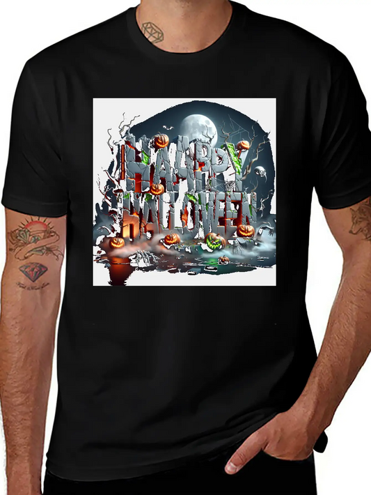 Spooky 3D Happy Halloween Stone Blocks Unisex Short Sleeve Soft Cotton T-Shirt – Casual Everyday Wear