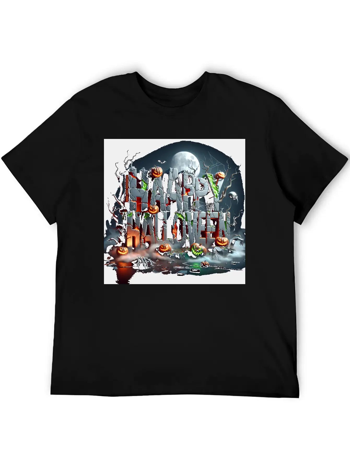 Spooky 3D Happy Halloween Stone Blocks Unisex Short Sleeve Soft Cotton T-Shirt – Casual Everyday Wear