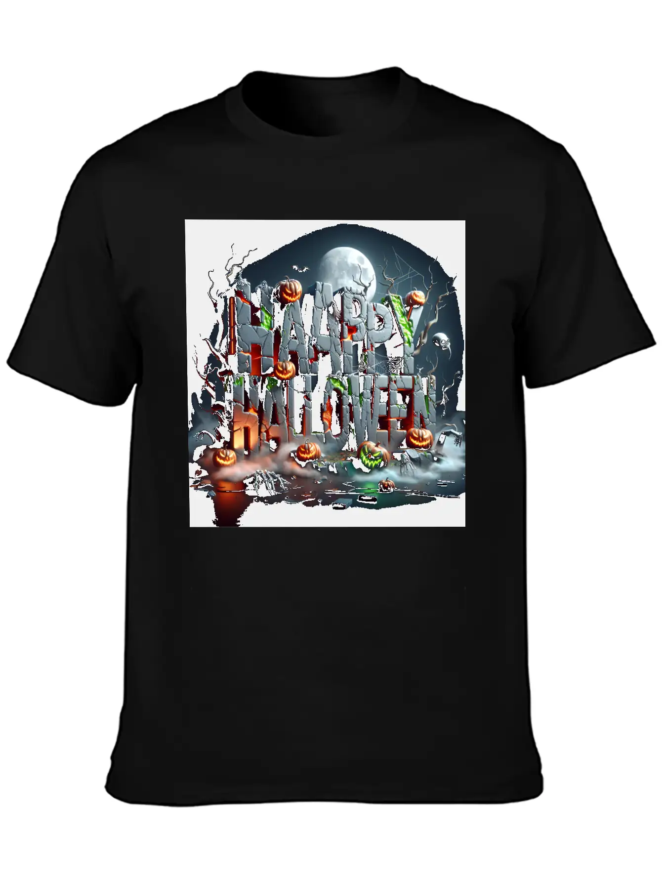 Spooky 3D Happy Halloween Stone Blocks Unisex Short Sleeve Soft Cotton T-Shirt – Casual Everyday Wear