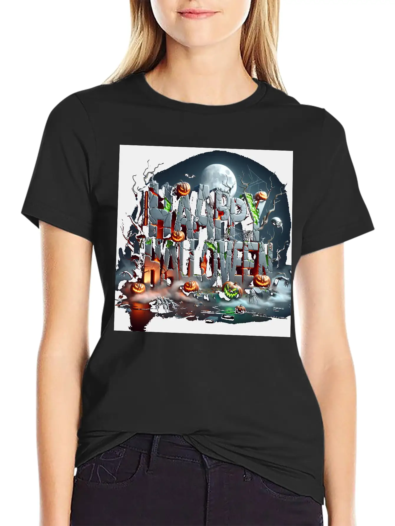 Spooky 3D Happy Halloween Stone Blocks Unisex Short Sleeve Soft Cotton T-Shirt – Casual Everyday Wear