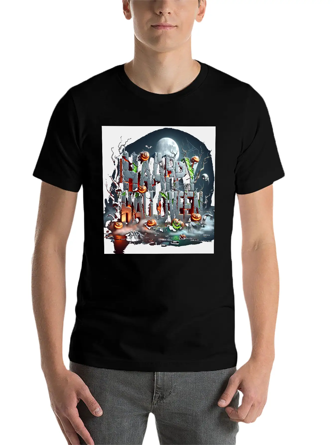 Spooky 3D Happy Halloween Stone Blocks Unisex Short Sleeve Soft Cotton T-Shirt – Casual Everyday Wear