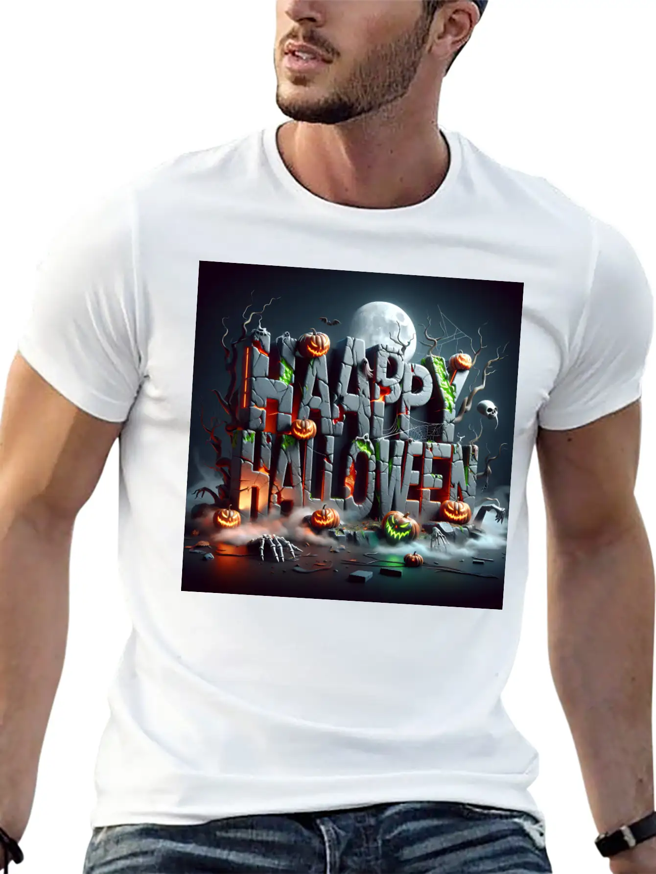Spooky 3D Happy Halloween Stone Blocks Unisex Short Sleeve Soft Cotton T-Shirt – Casual Everyday Wear