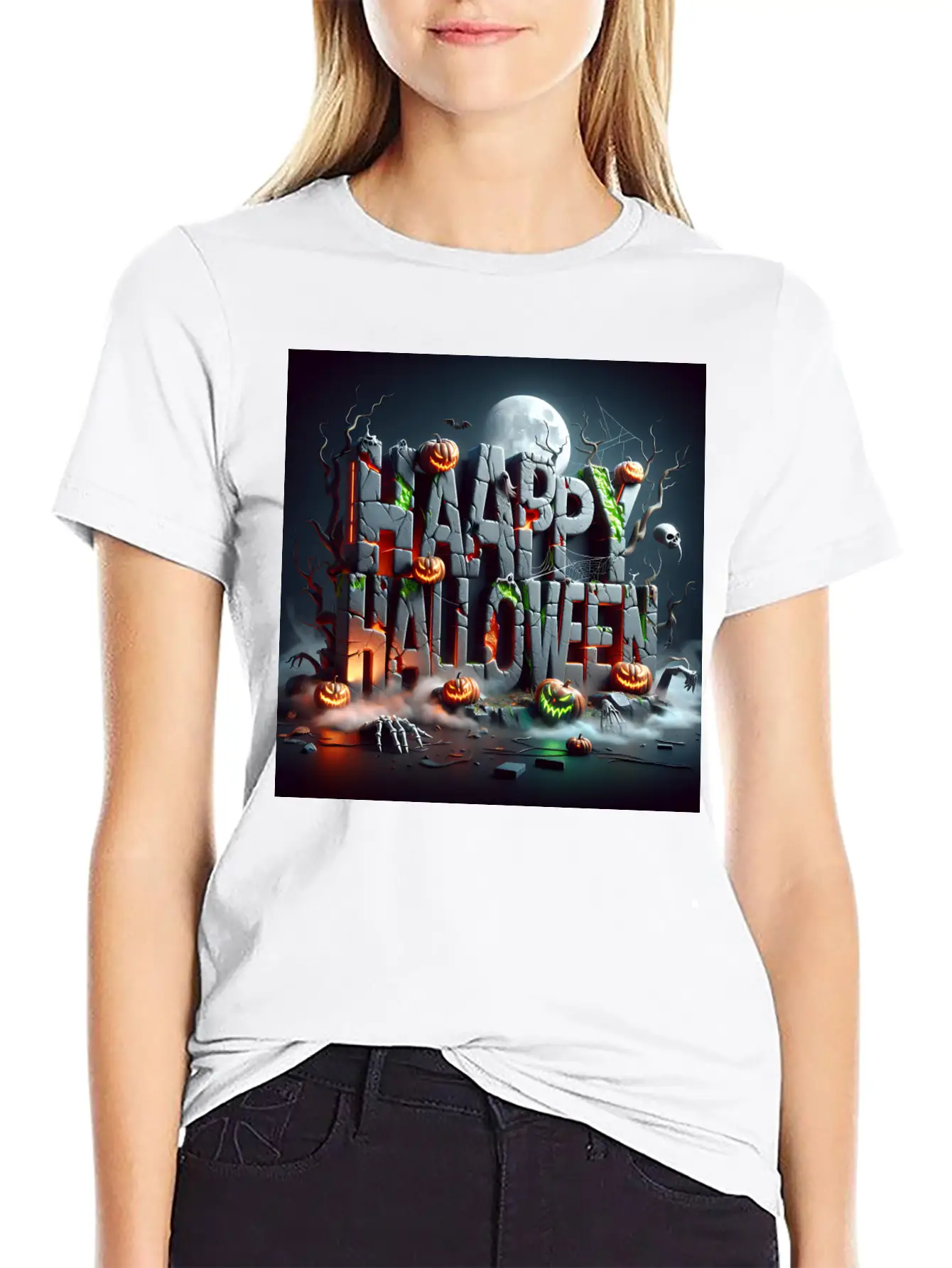 Spooky 3D Happy Halloween Stone Blocks Unisex Short Sleeve Soft Cotton T-Shirt – Casual Everyday Wear