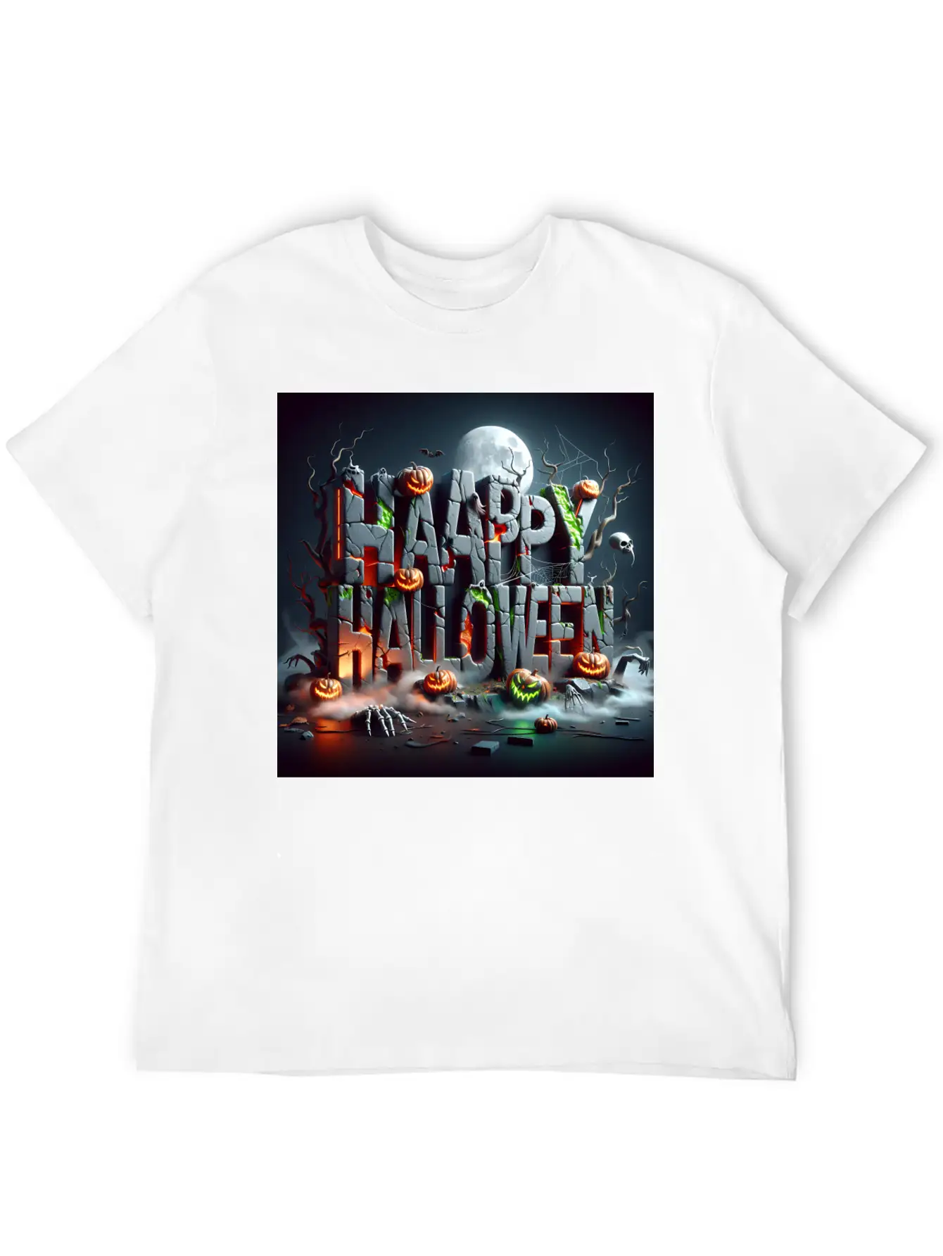 Spooky 3D Happy Halloween Stone Blocks Unisex Short Sleeve Soft Cotton T-Shirt – Casual Everyday Wear