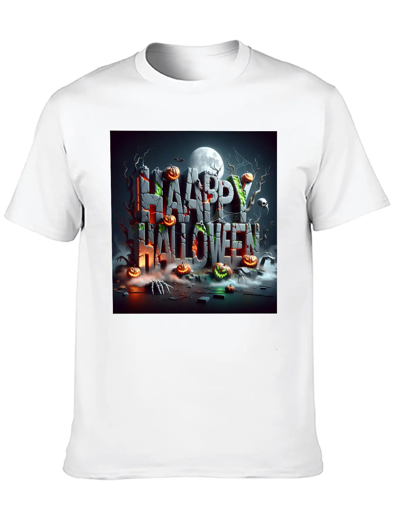 Spooky 3D Happy Halloween Stone Blocks Unisex Short Sleeve Soft Cotton T-Shirt – Casual Everyday Wear