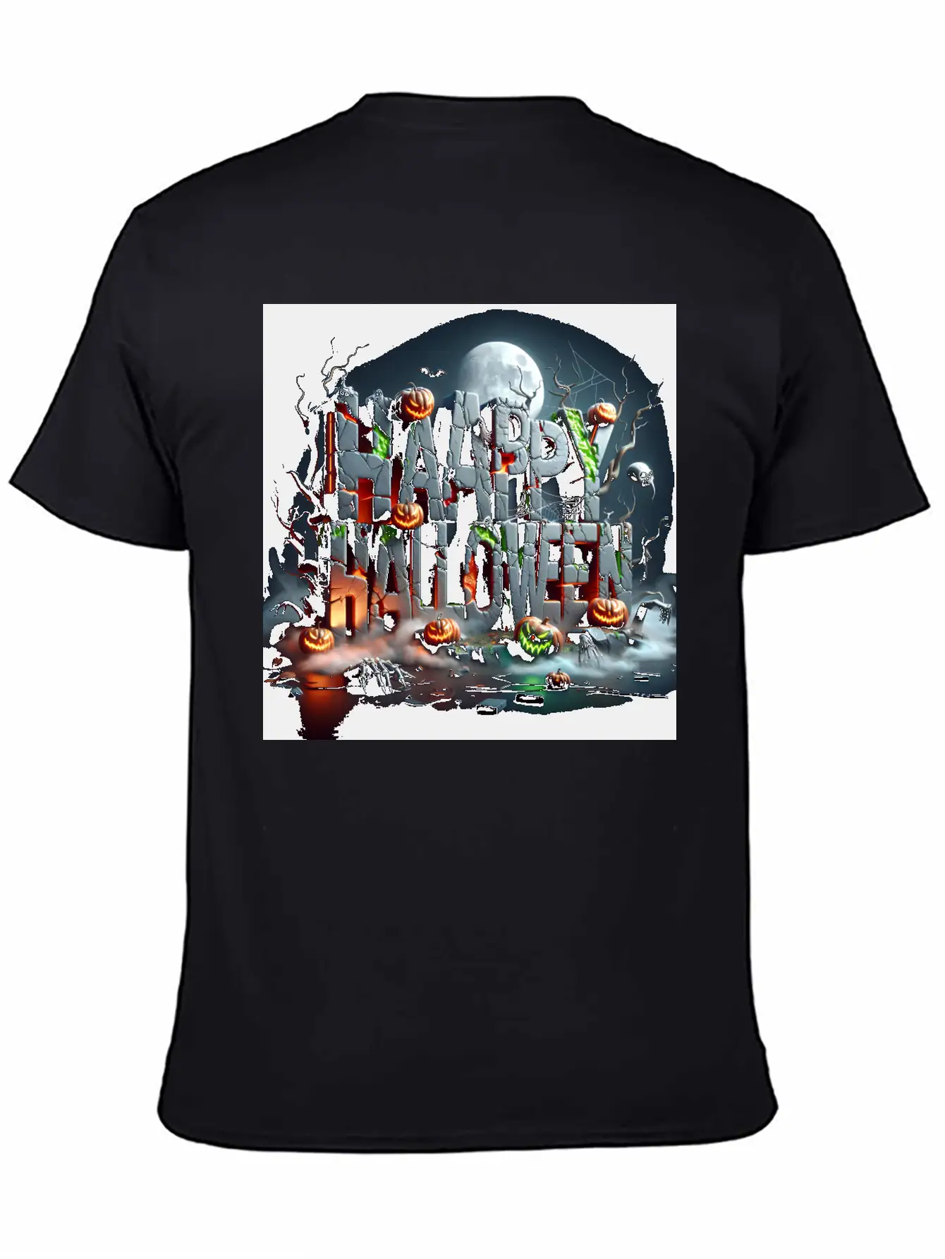 Spooky 3D Happy Halloween Stone Blocks Unisex Short Sleeve Soft Cotton T-Shirt – Casual Everyday Wear