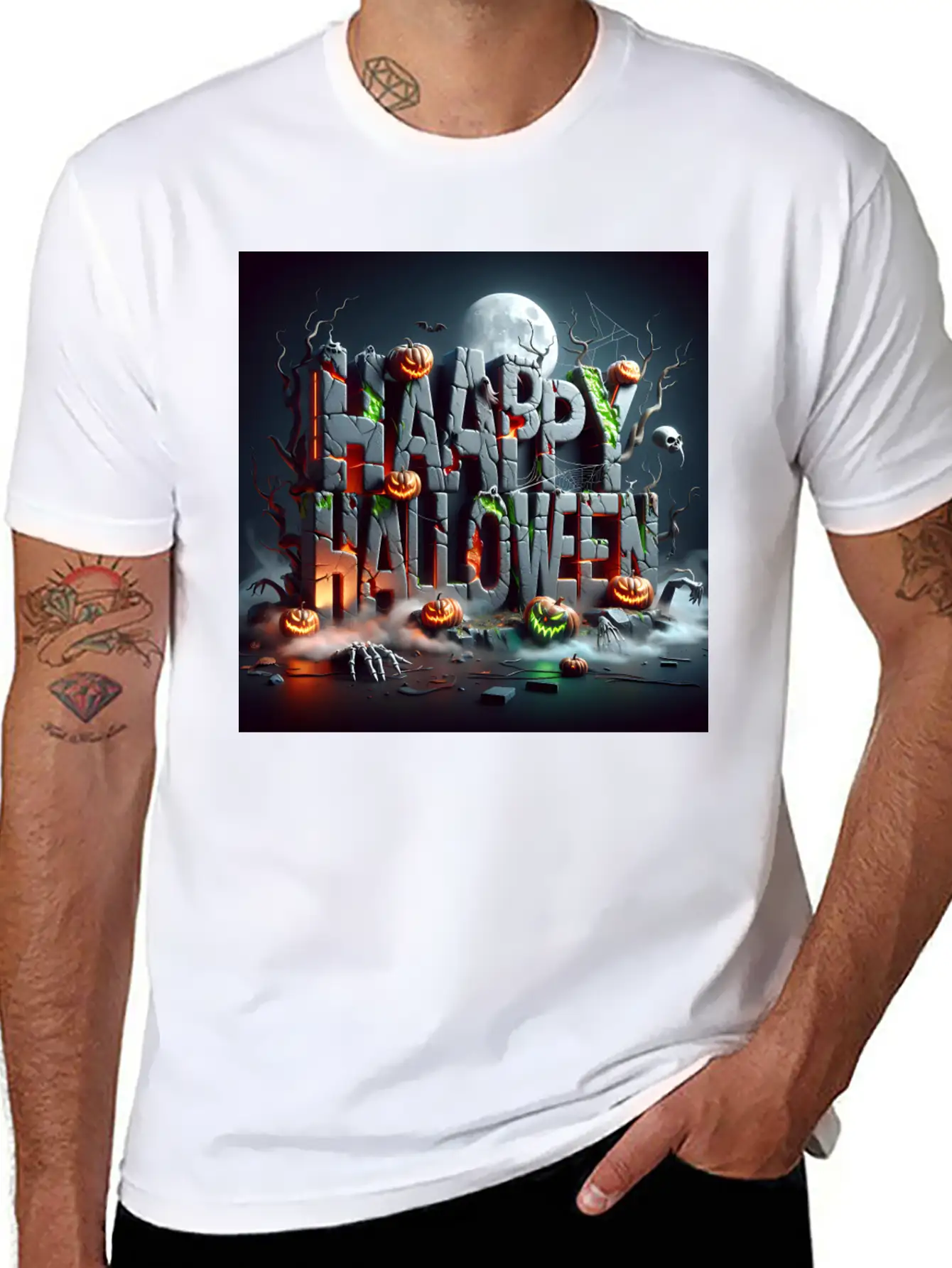 Spooky 3D Happy Halloween Stone Blocks Unisex Short Sleeve Soft Cotton T-Shirt – Casual Everyday Wear