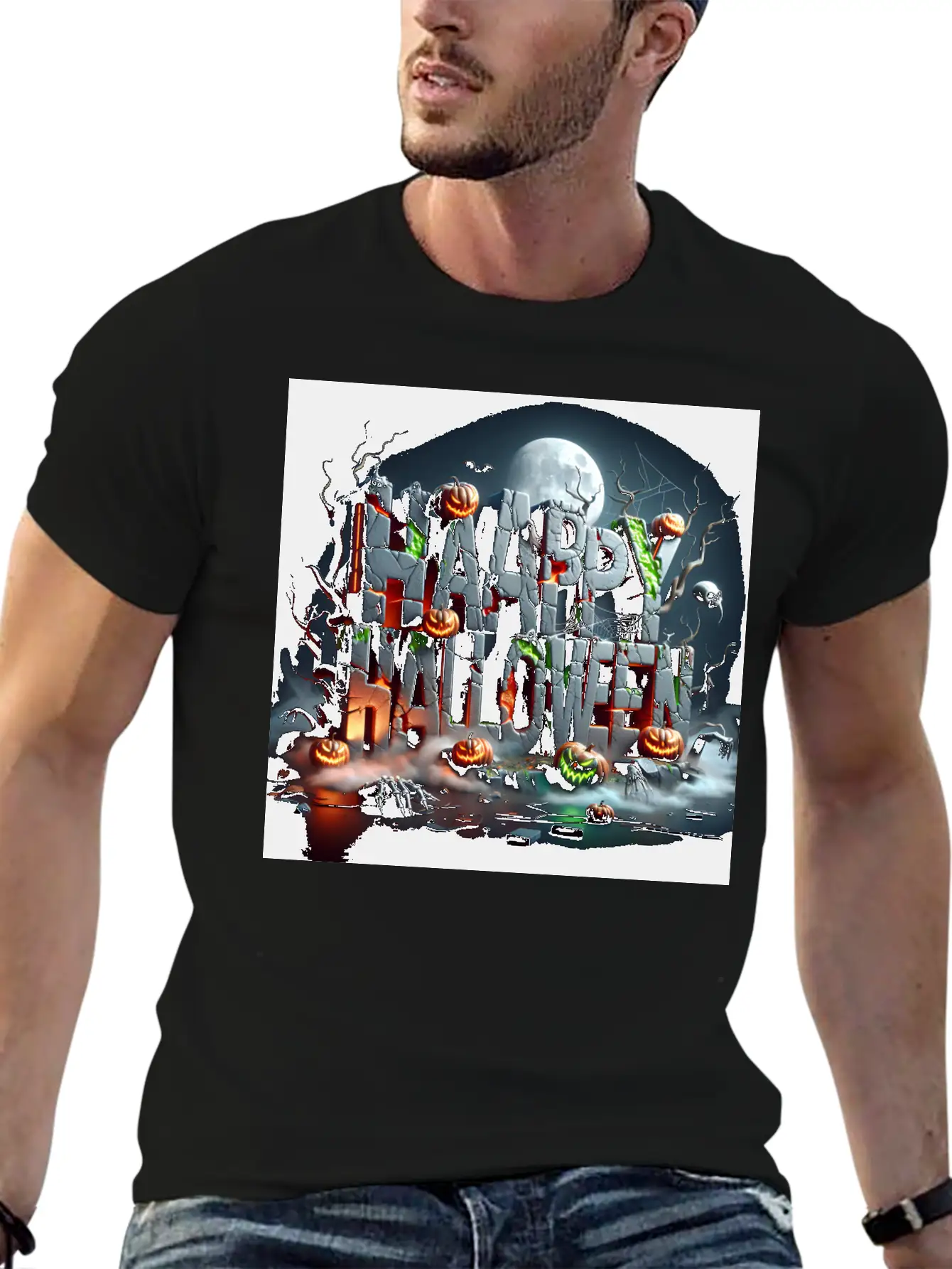 Spooky 3D Happy Halloween Stone Blocks Unisex Short Sleeve Soft Cotton T-Shirt – Casual Everyday Wear
