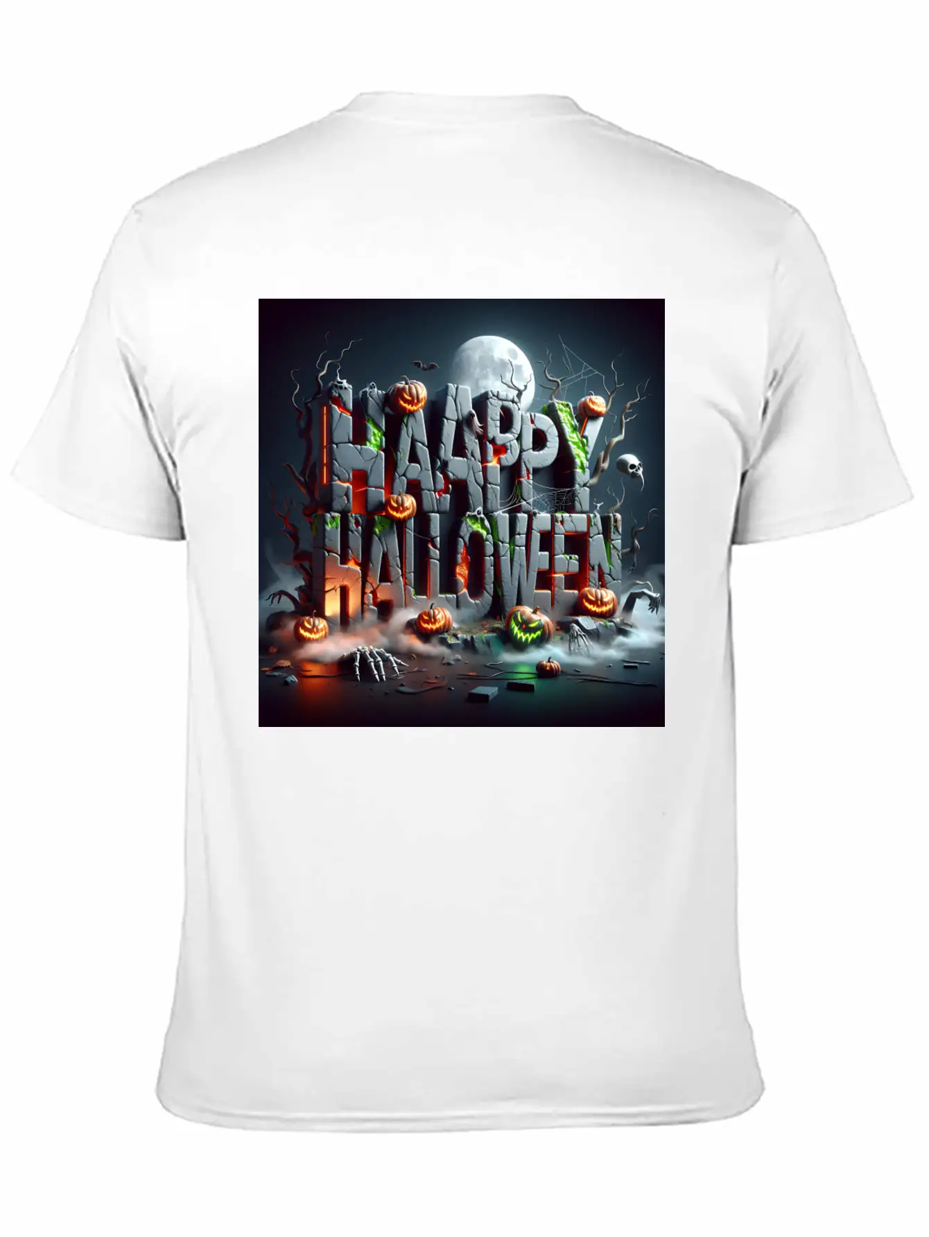 Spooky 3D Happy Halloween Stone Blocks Unisex Short Sleeve Soft Cotton T-Shirt – Casual Everyday Wear