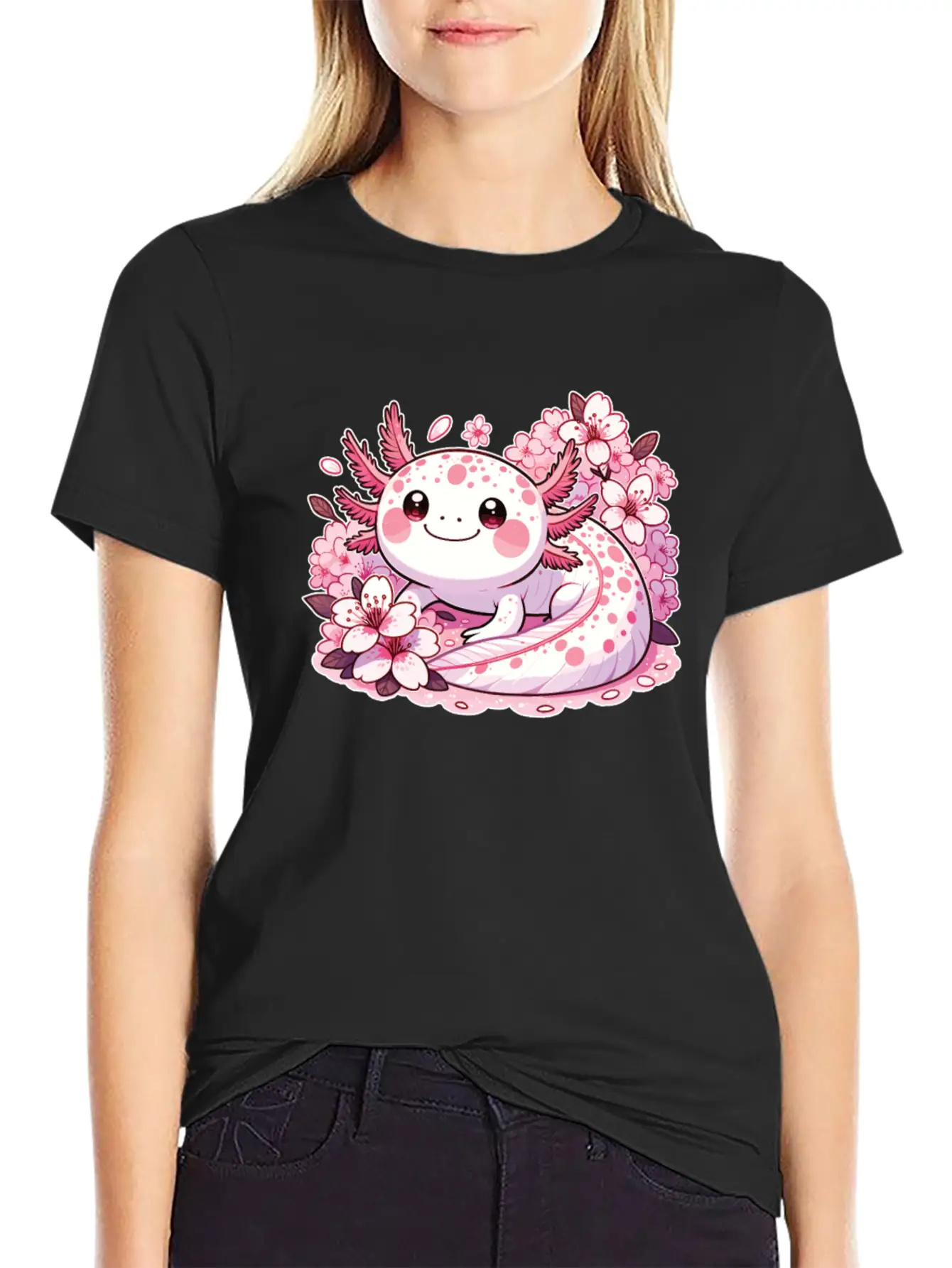 Spring Axolotl With Cherry Blossoms Sweet Spring Timeless Short Sleeve Tee – Comfy And Minimalist Design