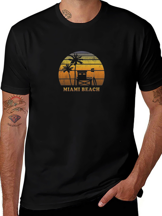 Retro Miami Beach Graphic T-Shirt - Palm Tree Sunset Tee