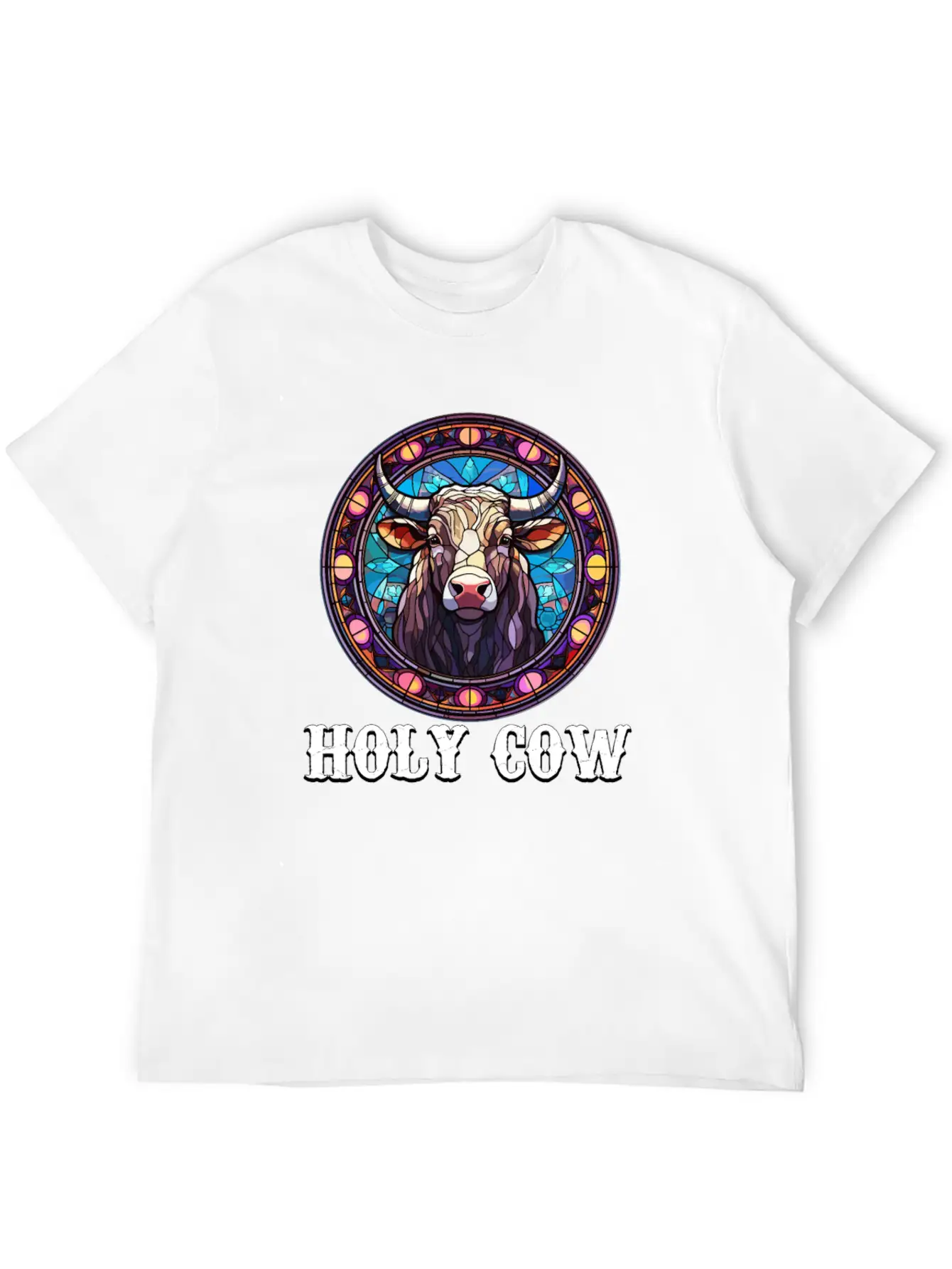 Stained Glass Art - Stylish Colorful Funny Cow Relaxed Everyday Tee – Lightweight And Durable Cotton