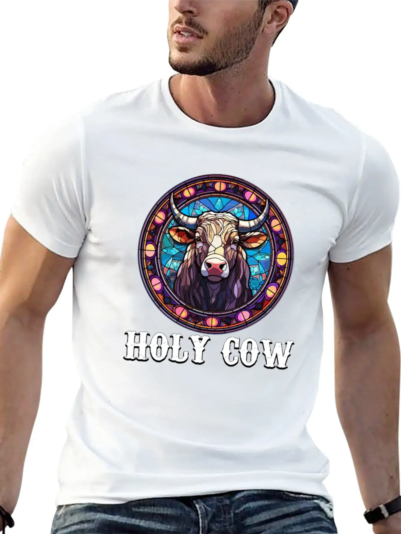 Stained Glass Art - Stylish Colorful Funny Cow Relaxed Everyday Tee – Lightweight And Durable Cotton
