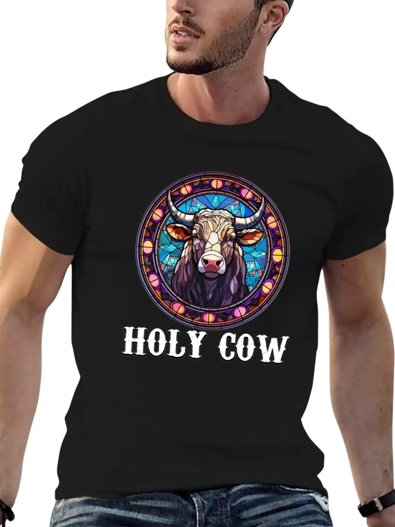 Stained Glass Art - Stylish Colorful Funny Cow Relaxed Everyday Tee – Lightweight And Durable Cotton