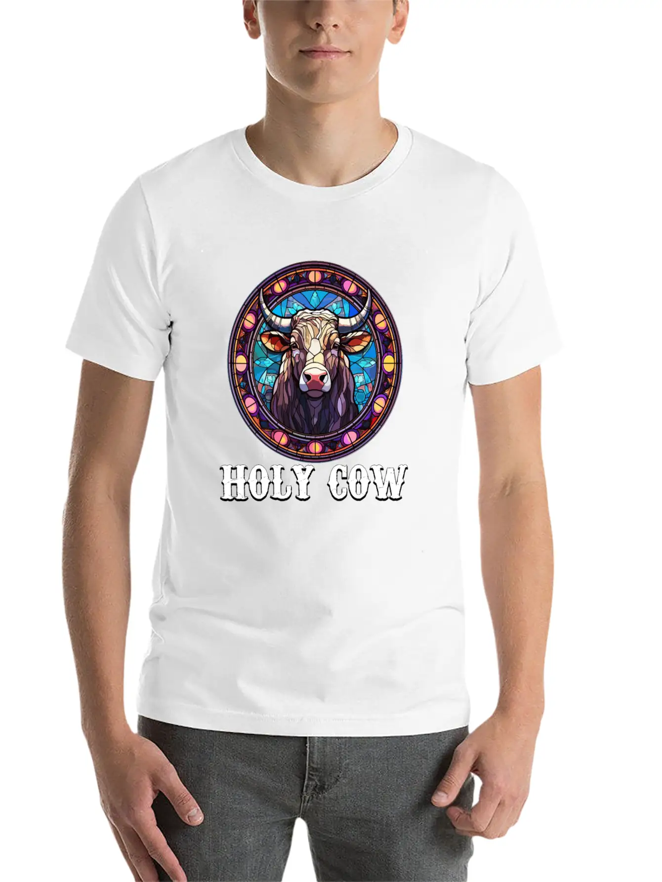 Stained Glass Art - Stylish Colorful Funny Cow Relaxed Everyday Tee – Lightweight And Durable Cotton