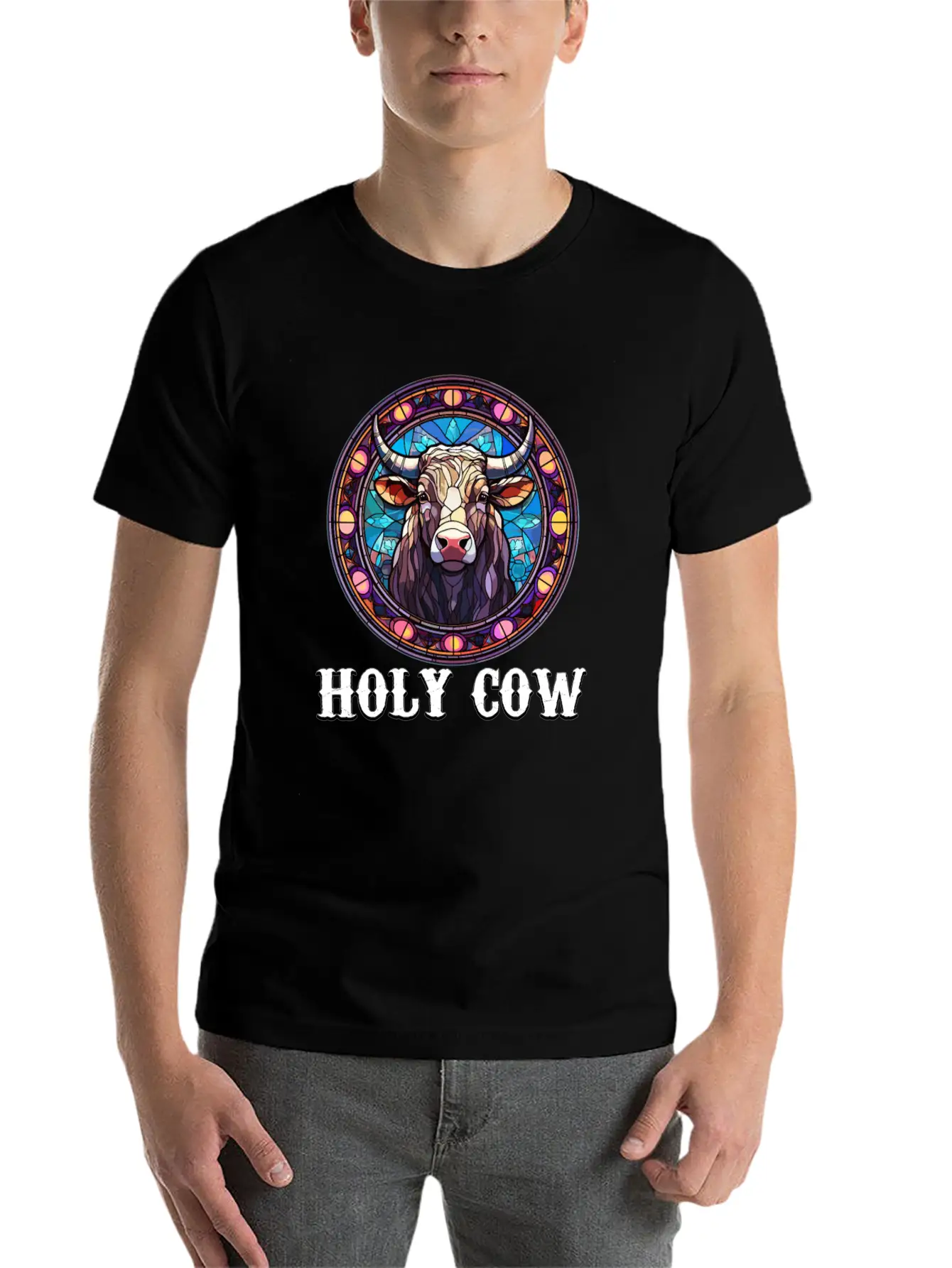 Stained Glass Art - Stylish Colorful Funny Cow Relaxed Everyday Tee – Lightweight And Durable Cotton
