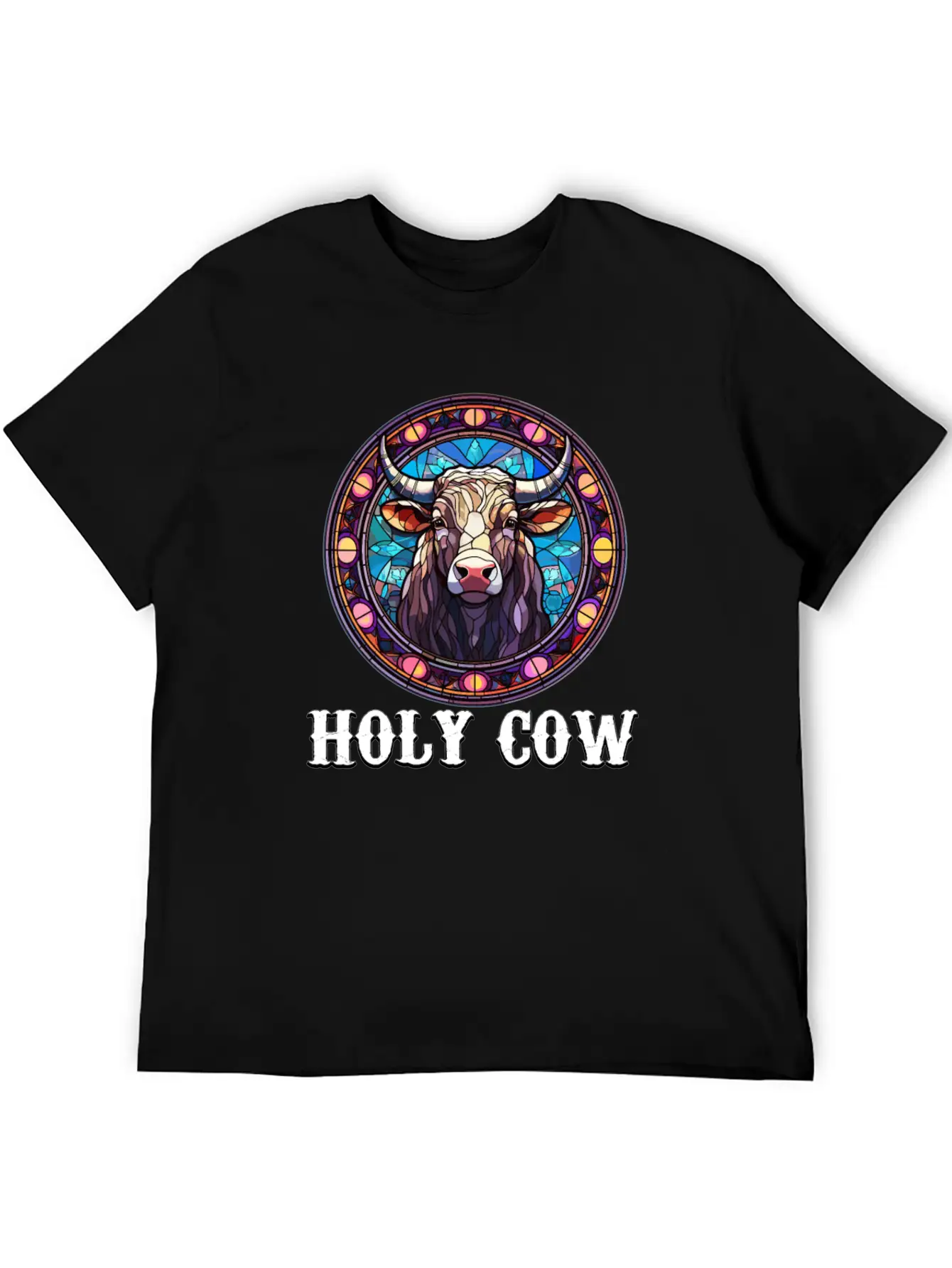 Stained Glass Art - Stylish Colorful Funny Cow Relaxed Everyday Tee – Lightweight And Durable Cotton