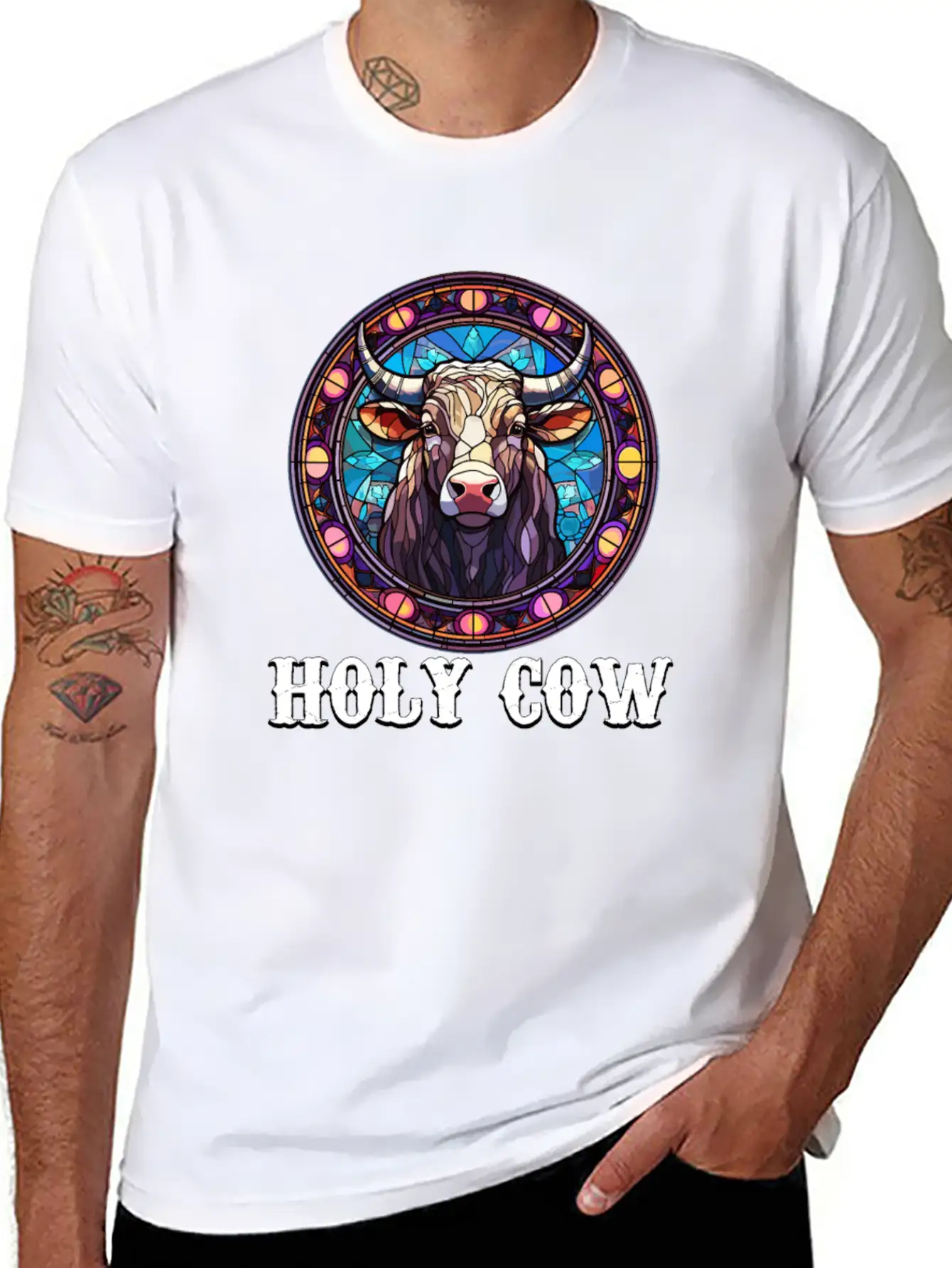 Stained Glass Art - Stylish Colorful Funny Cow Relaxed Everyday Tee – Lightweight And Durable Cotton