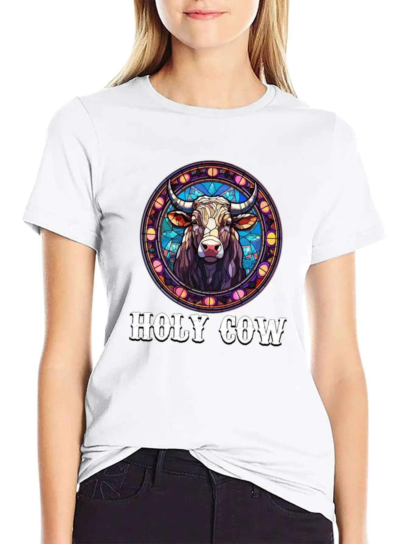 Stained Glass Art - Stylish Colorful Funny Cow Relaxed Everyday Tee – Lightweight And Durable Cotton